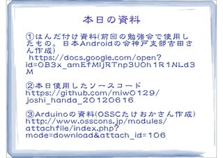 本日の資料
①はんだ付け資料((前回の勉強会で使用し
たもの。日本AAnnddrrooiiddの会神戸支部吉田さ
ん作成))
  hhttttppss::////ddooccss..ggooooggllee..ccoomm//ooppeenn??
iidd==00BB33xx__aammEEffMMlljjRRTTnnpp33UU00hh11RR11NNLLdd33
MM
②本日使用したソースコード
hhttttppss::////ggiitthhuubb..ccoomm//mmiiww00112299//
jjoosshhii__hhaannddaa__2200112200661166
③AArrdduuiinnooの資料((OOSSSSCCたけおかさん作成))
hhttttpp::////wwwwww..oossssccoonnss..jjpp//mmoodduulleess//
aattttaacchhffiillee//iinnddeexx..pphhpp??
mmooddee==ddoowwnnllooaadd&&aattttaacchh__iidd==110066
 