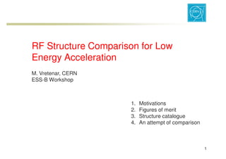 RF Structure Comparison for Low
Energy Acceleration
M. Vretenar, CERN
ESS-B Workshop



                     1.   Motivations
                     2.   Figures of merit
                     3.   Structure catalogue
                     4.   An attempt of comparison



                                                     1
 