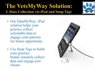    Our DataMyWay- iPad
    solution helps your
    practice collect
    actionable data to
    engage your patients
    for future opportunity

   Use Snap Tags to build
    your practice
    brand, remotely collect
    data and engage new
    clients
 