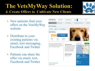    New patients find your
    offers on the VetsMyWay
    website

   Distribute to your
    existing patients via
    email, text messaging,
    Facebook and Twitter

   Patients can share the
    offer via email, text,
    Facebook and Twitter
 