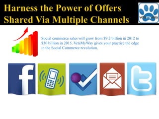 Social commerce sales will grow from $9.2 billion in 2012 to
$30 billion in 2015. VetsMyWay gives your practice the edge
in the Social Commerce revolution.
 