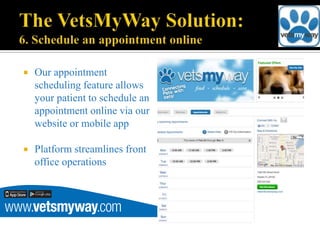    Our appointment
    scheduling feature allows
    your patient to schedule an
    appointment online via our
    website or mobile app

   Platform streamlines front
    office operations
 