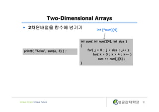 11
Two-Dimensional Arrays
§ 2차원배열을 함수에 넘기기
int sum( int num[][4], int size )
{
for( j = 0 ; j < size ; j++ )
for( k = 0 ; k < 4 ; k++ )
sum += num[j][k] ;
}
printf( “%dn”, sum(a, 3) ) ;
int (*num)[4]
 