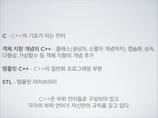 C - C++의 기초가 되는 언어	

!
객체 지향 개념의 C++ - 클래스(생성자, 소멸자 개념까지), 캡슐화, 상속,
다형성, 가상함수 등 객체 지향의 개념 추가	

!
템플릿 C++ - C++의 일반화 프로그래밍 부분	

!
STL - 템플릿 라이브러리
C++은 하위 언어들로 구성되어 있고	

각각의 하위 언어가 자신만의 규칙을 갖고 있다.
 