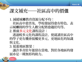 課文補充──社區高中的價值
1. 減緩城 教育資源分配不均：鄉
　社區高中愈普及，學校發展得愈有特色，表
示城 間的學生人數分配將愈趨於均等。鄉
2. 推廣多元文化課程設計：
　透過較多元化的課程設計，使就讀社區高中
的學子更有機會接觸更多元、更地區化的知識
與文化。
3. 促進地區繁榮：
　讓許多青壯年能留在當地，對於各地區的發
展亦是一種無形的助力。
 