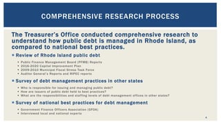 The Treasurer’s Office conducted comprehensive research to
understand how public debt is managed in Rhode Island, as
compared to national best practices.
 Review of Rhode Island public debt
 Public Finance Management Board (PFMB) Reports
 2016-2020 Capital Improvement Plan
 2009-2010 Municipal Fiscal Stress Task Force
 Auditor General’s Reports and RIPEC reports
 Survey of debt management practices in other states
 Who is responsible for issuing and managing public debt?
 How are issuers of public debt held to best practices?
 What are the responsibilities and staffing levels of debt management offices in other states?
 Survey of national best practices for debt management
 Government Finance Officers Association (GFOA)
 Interviewed local and national experts
4
COMPREHENSIVE RESEARCH PROCESS
 