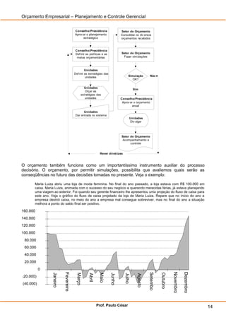 Orçamento Empresarial – Planejamento e Controle Gerencial


                                           Conselho/Presidência                  Setor de Orçamento
                                           Aprov ar o planejamento               Consolidar os div ersos
                                                 estratégico                     orçamentos recebidos



                                            Conselho/Presidência
                                            Def inir as políticas e as           Setor de Orçamento
                                             metas orçamentárias                  Fazer simulações



                                                    Unidades
                                           Def inir as estratégias das
                                                    unidades                            Simulação          Não
                                                                                           OK?

                                                  Unidades
                                                                                              Sim
                                                   Orçar as
                                                estratégias das
                                                   unidades                      Conselho/Presidência
                                                                                  Aprov ar o orçamento
                                                                                         anual

                                                  Unidades
                                            Dar entrada no sistema
                                                                                            Unidades
                                                                                             Div ulgar




                                                                                 Setor de Orçamento
                                                                                  Acompanhamento e
                                                                                       controle


                                                                Rever diretrizes



O orçamento também funciona como um importantíssimo instrumento auxiliar do processo
decisório. O orçamento, por permitir simulações, possibilita que avaliemos quais serão as
conseqüências no futuro das decisões tomadas no presente. Veja o exemplo:

          Maria Luiza abriu uma loja de moda feminina. No final do ano passado, a loja estava com R$ 100.000 em
          caixa. Maria Luiza, animada com o sucesso do seu negócio e querendo merecidas férias, já estava planejando
          uma viagem ao exterior. Foi quando seu gerente financeiro lhe apresentou uma projeção do fluxo de caixa para
          este ano. Veja o gráfico do fluxo de caixa projetado da loja de Maria Luiza. Repare que no início do ano a
          empresa destrói caixa, no meio do ano a empresa mal consegue sobreviver, mas no final do ano a situação
          melhora a ponto do saldo final ser positivo.

160.000
140.000
120.000
100.000
    80.000
    60.000
    40.000
    20.000
              0
                                                                                                                              Novembro

                                                                                                                                         Dezembro
                               Fevereiro




                                                                                                          Setembo

                                                                                                                    Outubro
                     Janeiro




                                            Março




                                                                         Junho
                                                               Maio




                                                                                    Julho
                                                      Abril




                                                                                                 Agosto




(   20.000)
(40.000)




                                                              Prof. Paulo César                                                                     14
 