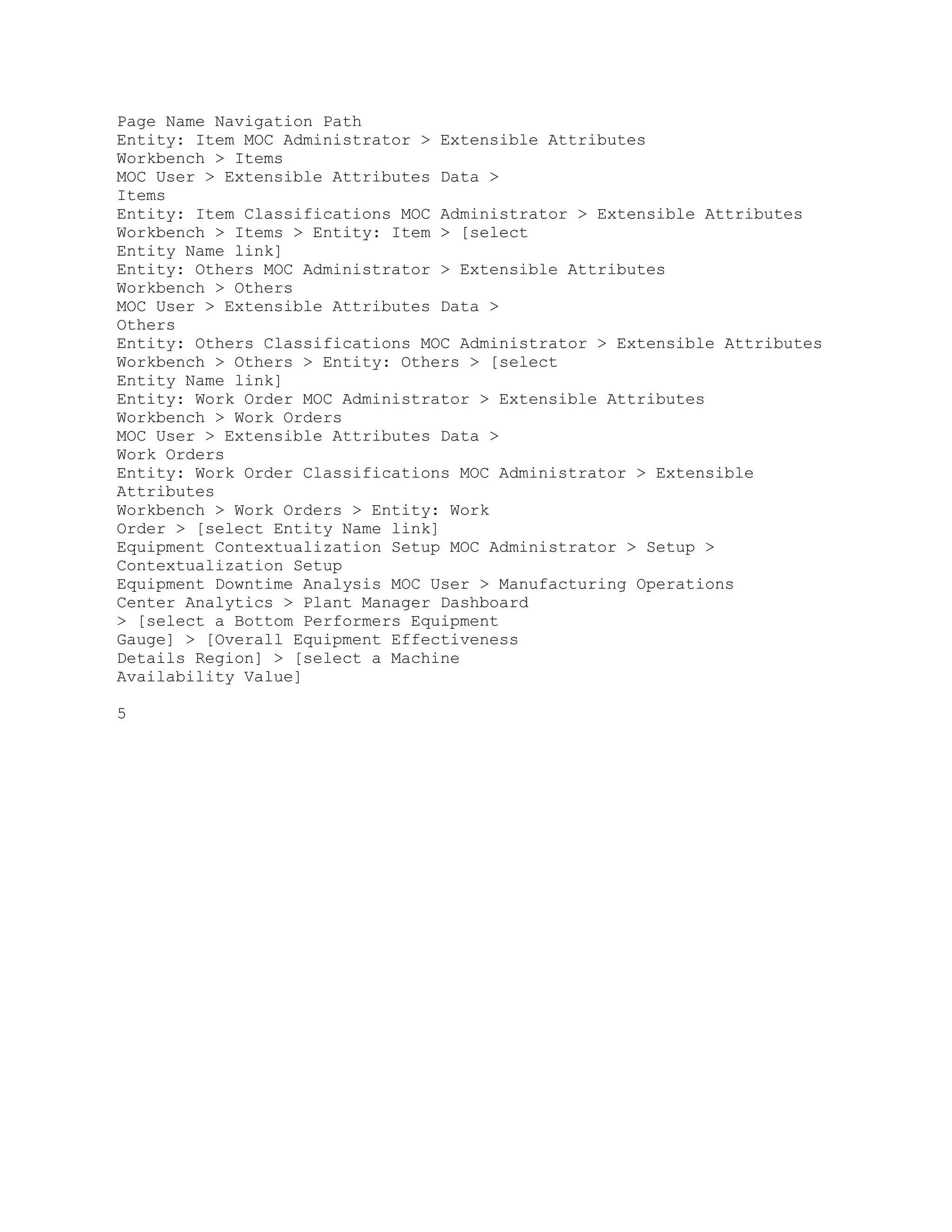 Page Name Navigation Path
Entity: Item MOC Administrator > Extensible Attributes
Workbench > Items
MOC User > Extensible Attributes Data >
Items
Entity: Item Classifications MOC Administrator > Extensible Attributes
Workbench > Items > Entity: Item > [select
Entity Name link]
Entity: Others MOC Administrator > Extensible Attributes
Workbench > Others
MOC User > Extensible Attributes Data >
Others
Entity: Others Classifications MOC Administrator > Extensible Attributes
Workbench > Others > Entity: Others > [select
Entity Name link]
Entity: Work Order MOC Administrator > Extensible Attributes
Workbench > Work Orders
MOC User > Extensible Attributes Data >
Work Orders
Entity: Work Order Classifications MOC Administrator > Extensible
Attributes
Workbench > Work Orders > Entity: Work
Order > [select Entity Name link]
Equipment Contextualization Setup MOC Administrator > Setup >
Contextualization Setup
Equipment Downtime Analysis MOC User > Manufacturing Operations
Center Analytics > Plant Manager Dashboard
> [select a Bottom Performers Equipment
Gauge] > [Overall Equipment Effectiveness
Details Region] > [select a Machine
Availability Value]
5
 