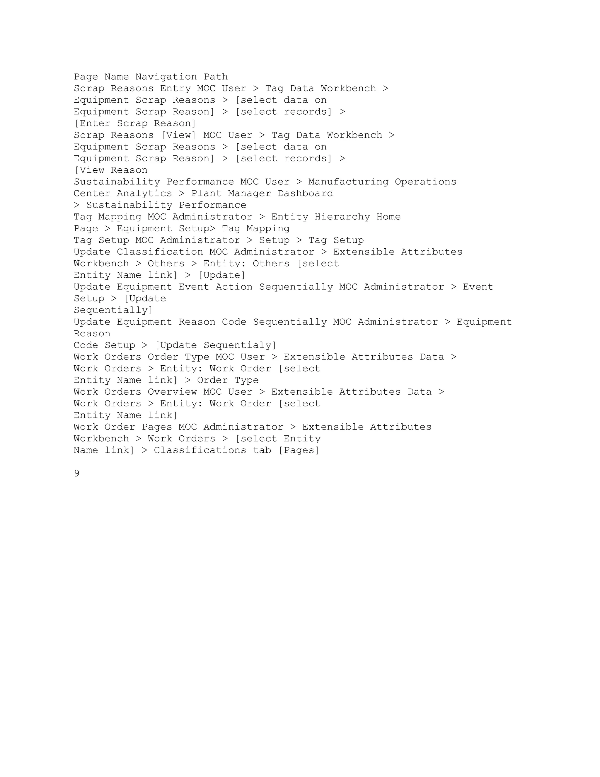 Page Name Navigation Path
Scrap Reasons Entry MOC User > Tag Data Workbench >
Equipment Scrap Reasons > [select data on
Equipment Scrap Reason] > [select records] >
[Enter Scrap Reason]
Scrap Reasons [View] MOC User > Tag Data Workbench >
Equipment Scrap Reasons > [select data on
Equipment Scrap Reason] > [select records] >
[View Reason
Sustainability Performance MOC User > Manufacturing Operations
Center Analytics > Plant Manager Dashboard
> Sustainability Performance
Tag Mapping MOC Administrator > Entity Hierarchy Home
Page > Equipment Setup> Tag Mapping
Tag Setup MOC Administrator > Setup > Tag Setup
Update Classification MOC Administrator > Extensible Attributes
Workbench > Others > Entity: Others [select
Entity Name link] > [Update]
Update Equipment Event Action Sequentially MOC Administrator > Event
Setup > [Update
Sequentially]
Update Equipment Reason Code Sequentially MOC Administrator > Equipment
Reason
Code Setup > [Update Sequentialy]
Work Orders Order Type MOC User > Extensible Attributes Data >
Work Orders > Entity: Work Order [select
Entity Name link] > Order Type
Work Orders Overview MOC User > Extensible Attributes Data >
Work Orders > Entity: Work Order [select
Entity Name link]
Work Order Pages MOC Administrator > Extensible Attributes
Workbench > Work Orders > [select Entity
Name link] > Classifications tab [Pages]
9
 
