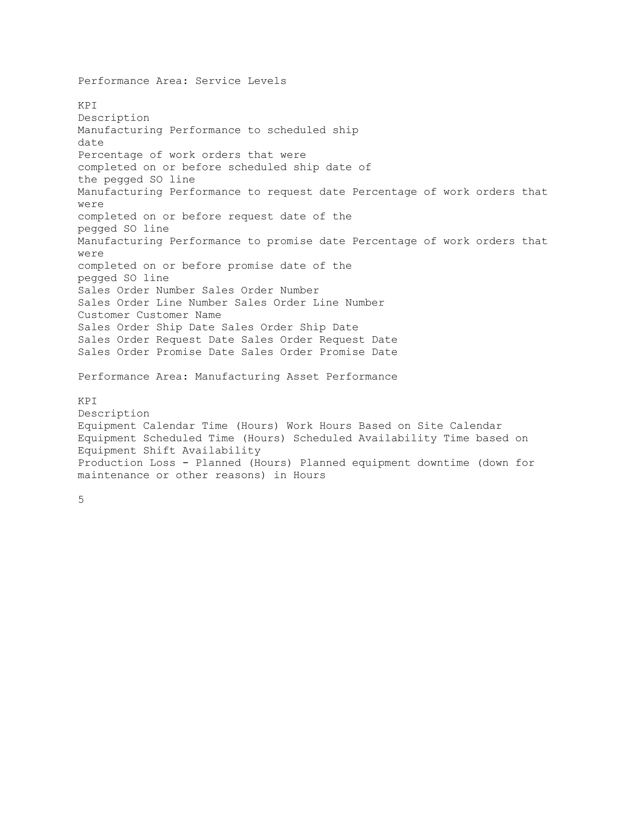 Performance Area: Service Levels
KPI
Description
Manufacturing Performance to scheduled ship
date
Percentage of work orders that were
completed on or before scheduled ship date of
the pegged SO line
Manufacturing Performance to request date Percentage of work orders that
were
completed on or before request date of the
pegged SO line
Manufacturing Performance to promise date Percentage of work orders that
were
completed on or before promise date of the
pegged SO line
Sales Order Number Sales Order Number
Sales Order Line Number Sales Order Line Number
Customer Customer Name
Sales Order Ship Date Sales Order Ship Date
Sales Order Request Date Sales Order Request Date
Sales Order Promise Date Sales Order Promise Date
Performance Area: Manufacturing Asset Performance
KPI
Description
Equipment Calendar Time (Hours) Work Hours Based on Site Calendar
Equipment Scheduled Time (Hours) Scheduled Availability Time based on
Equipment Shift Availability
Production Loss - Planned (Hours) Planned equipment downtime (down for
maintenance or other reasons) in Hours
5
 