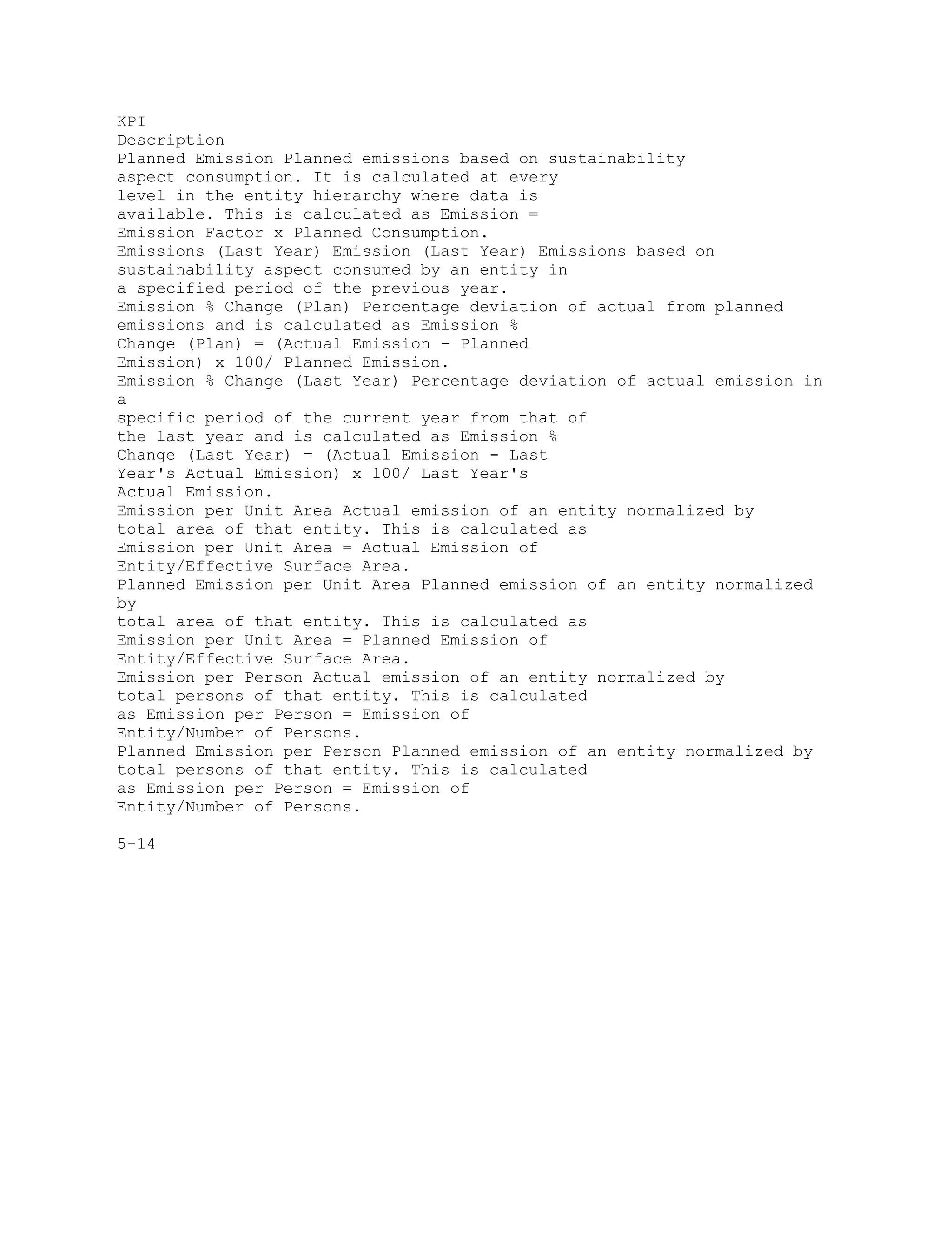 KPI
Description
Planned Emission Planned emissions based on sustainability
aspect consumption. It is calculated at every
level in the entity hierarchy where data is
available. This is calculated as Emission =
Emission Factor x Planned Consumption.
Emissions (Last Year) Emission (Last Year) Emissions based on
sustainability aspect consumed by an entity in
a specified period of the previous year.
Emission % Change (Plan) Percentage deviation of actual from planned
emissions and is calculated as Emission %
Change (Plan) = (Actual Emission - Planned
Emission) x 100/ Planned Emission.
Emission % Change (Last Year) Percentage deviation of actual emission in
a
specific period of the current year from that of
the last year and is calculated as Emission %
Change (Last Year) = (Actual Emission - Last
Year's Actual Emission) x 100/ Last Year's
Actual Emission.
Emission per Unit Area Actual emission of an entity normalized by
total area of that entity. This is calculated as
Emission per Unit Area = Actual Emission of
Entity/Effective Surface Area.
Planned Emission per Unit Area Planned emission of an entity normalized
by
total area of that entity. This is calculated as
Emission per Unit Area = Planned Emission of
Entity/Effective Surface Area.
Emission per Person Actual emission of an entity normalized by
total persons of that entity. This is calculated
as Emission per Person = Emission of
Entity/Number of Persons.
Planned Emission per Person Planned emission of an entity normalized by
total persons of that entity. This is calculated
as Emission per Person = Emission of
Entity/Number of Persons.
5-14
 