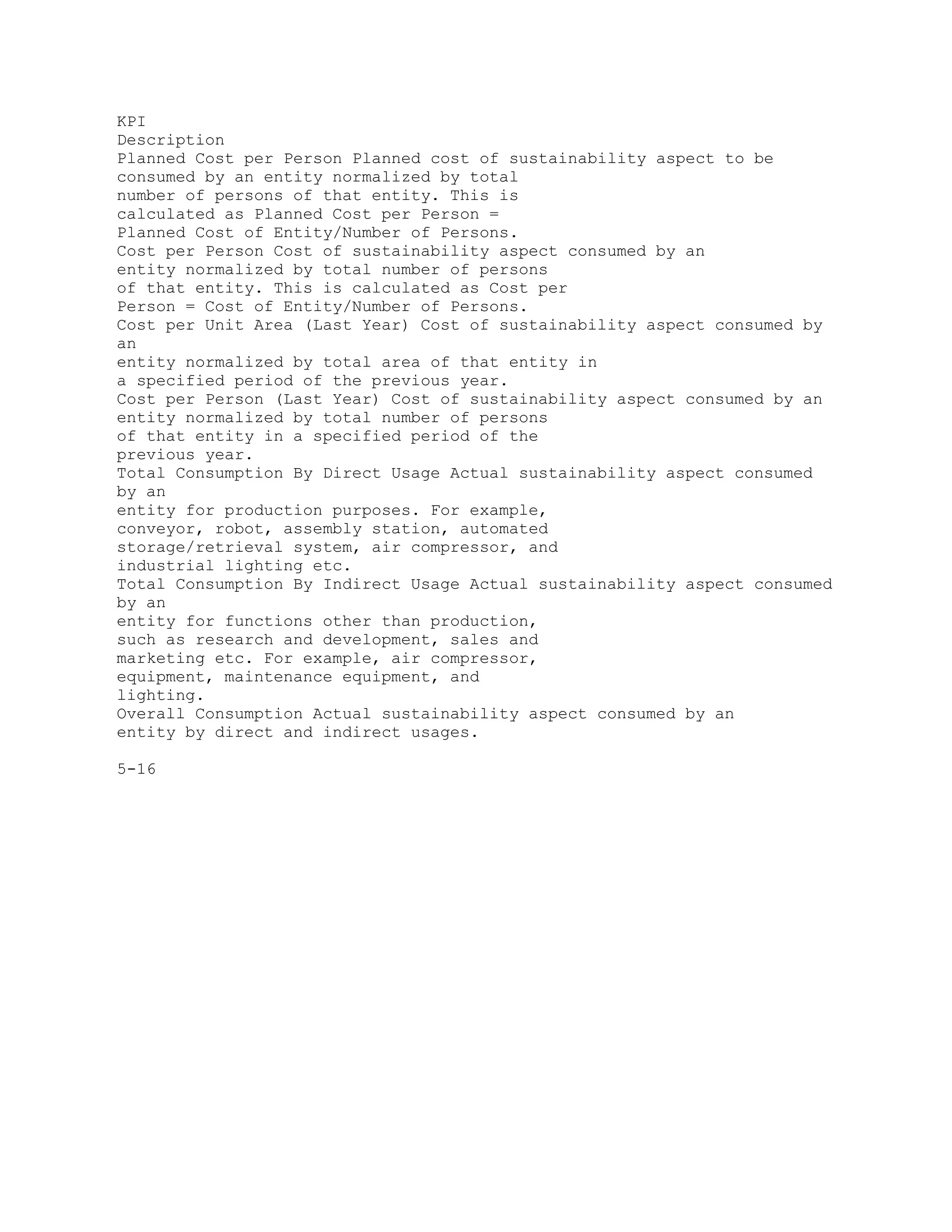 KPI
Description
Planned Cost per Person Planned cost of sustainability aspect to be
consumed by an entity normalized by total
number of persons of that entity. This is
calculated as Planned Cost per Person =
Planned Cost of Entity/Number of Persons.
Cost per Person Cost of sustainability aspect consumed by an
entity normalized by total number of persons
of that entity. This is calculated as Cost per
Person = Cost of Entity/Number of Persons.
Cost per Unit Area (Last Year) Cost of sustainability aspect consumed by
an
entity normalized by total area of that entity in
a specified period of the previous year.
Cost per Person (Last Year) Cost of sustainability aspect consumed by an
entity normalized by total number of persons
of that entity in a specified period of the
previous year.
Total Consumption By Direct Usage Actual sustainability aspect consumed
by an
entity for production purposes. For example,
conveyor, robot, assembly station, automated
storage/retrieval system, air compressor, and
industrial lighting etc.
Total Consumption By Indirect Usage Actual sustainability aspect consumed
by an
entity for functions other than production,
such as research and development, sales and
marketing etc. For example, air compressor,
equipment, maintenance equipment, and
lighting.
Overall Consumption Actual sustainability aspect consumed by an
entity by direct and indirect usages.
5-16
 