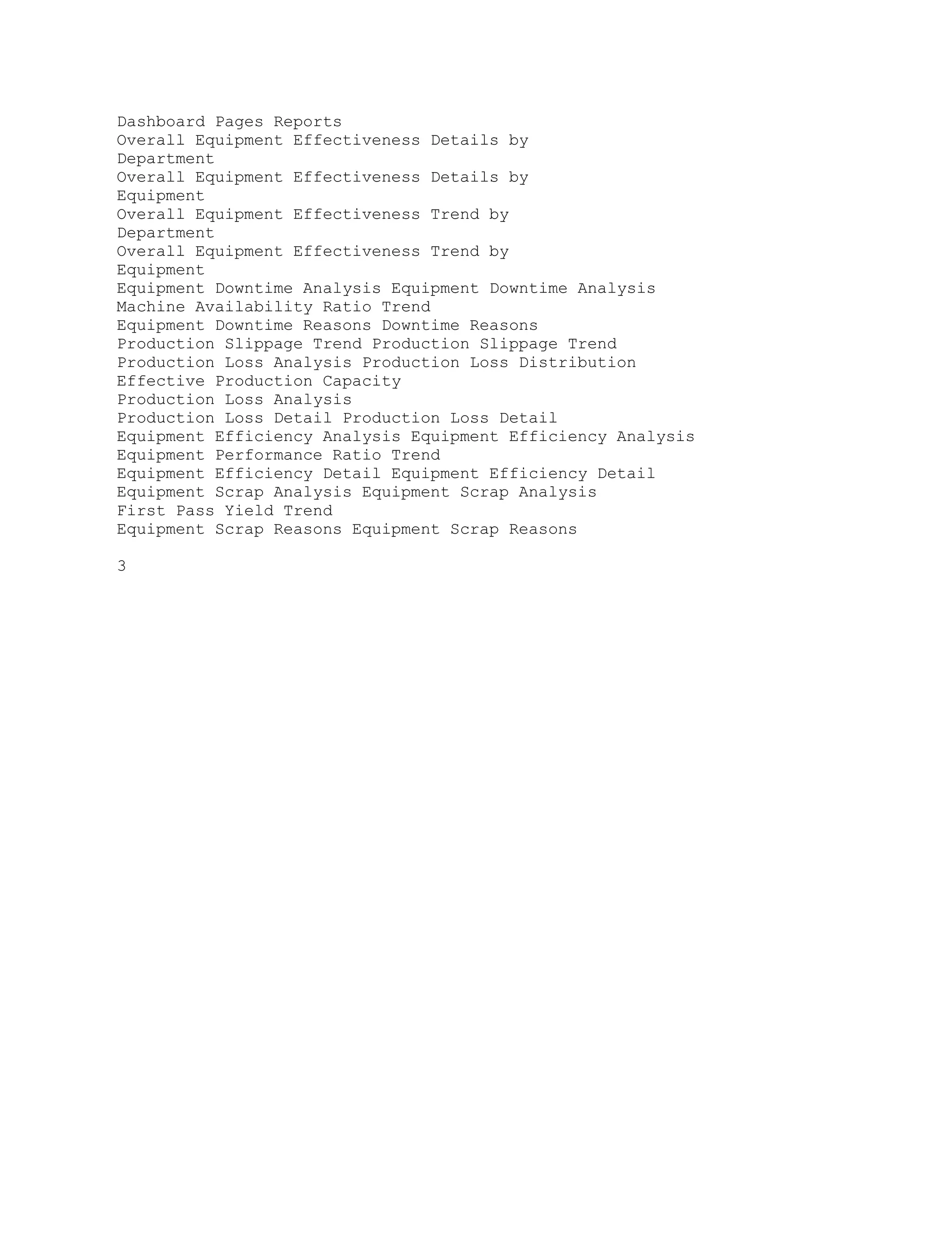 Dashboard Pages Reports
Overall Equipment Effectiveness Details by
Department
Overall Equipment Effectiveness Details by
Equipment
Overall Equipment Effectiveness Trend by
Department
Overall Equipment Effectiveness Trend by
Equipment
Equipment Downtime Analysis Equipment Downtime Analysis
Machine Availability Ratio Trend
Equipment Downtime Reasons Downtime Reasons
Production Slippage Trend Production Slippage Trend
Production Loss Analysis Production Loss Distribution
Effective Production Capacity
Production Loss Analysis
Production Loss Detail Production Loss Detail
Equipment Efficiency Analysis Equipment Efficiency Analysis
Equipment Performance Ratio Trend
Equipment Efficiency Detail Equipment Efficiency Detail
Equipment Scrap Analysis Equipment Scrap Analysis
First Pass Yield Trend
Equipment Scrap Reasons Equipment Scrap Reasons
3
 