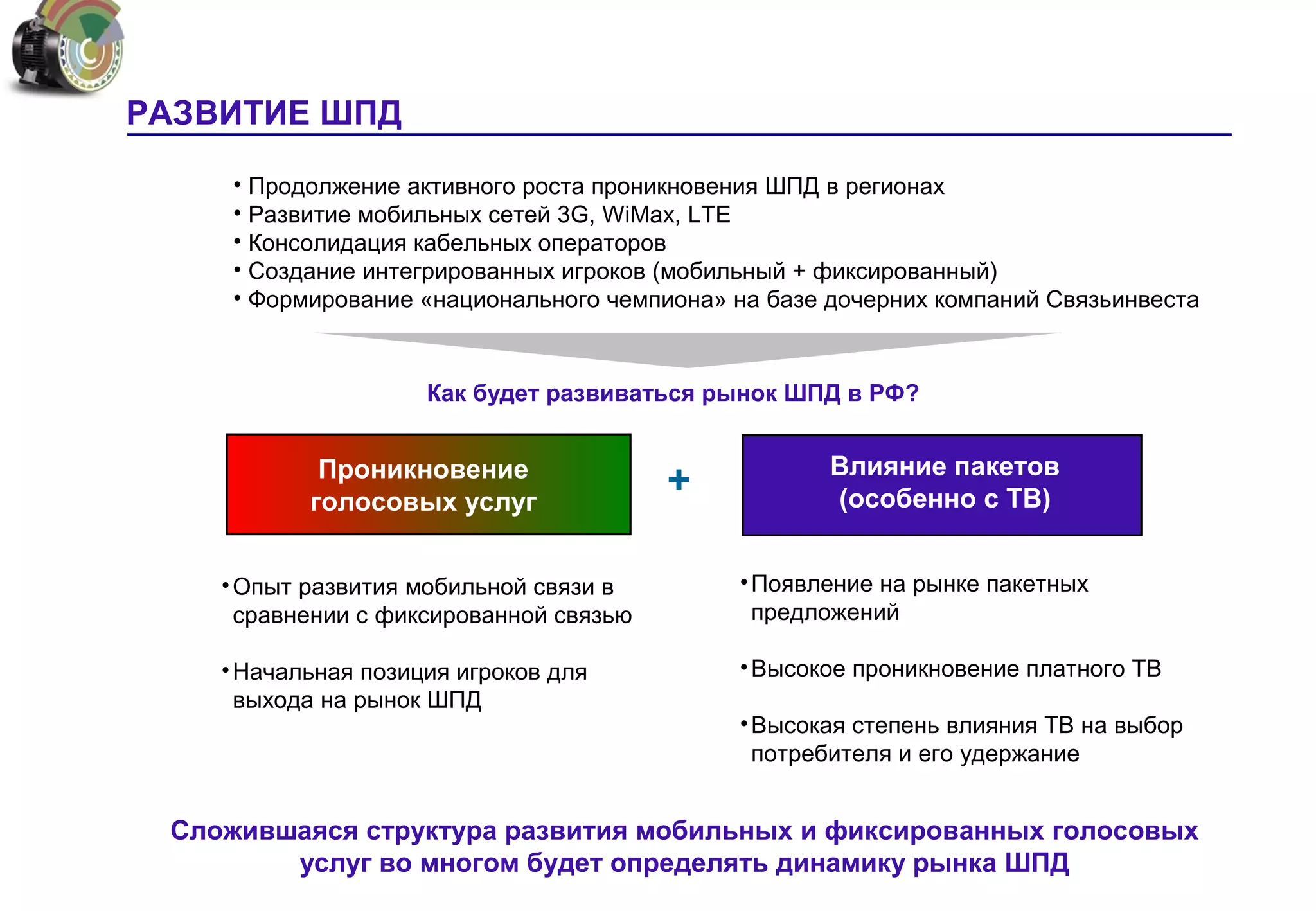 РАЗВИТИЕ ШПД

     • Продолжение активного роста проникновения ШПД в регионах
     • Развитие мобильных сетей 3G, WiMax, LTE
     • Консолидация кабельных операторов
     • Создание интегрированных игроков (мобильный + фиксированный)
     • Формирование «национального чемпиона» на базе дочерних компаний Связьинвеста



                     Как будет развиваться рынок ШПД в РФ?


            Проникновение                            Влияние пакетов
           голосовых услуг
                                         +           (особенно с ТВ)


    • Опыт развития мобильной связи в        • Появление на рынке пакетных
      сравнении с фиксированной связью         предложений

    • Начальная позиция игроков для          • Высокое проникновение платного ТВ
      выхода на рынок ШПД
                                             • Высокая степень влияния ТВ на выбор
                                               потребителя и его удержание


 Сложившаяся структура развития мобильных и фиксированных голосовых
        услуг во многом будет определять динамику рынка ШПД
 