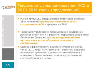 Тенденции функционирования КСО в 2010-2011 годах (продолжение) Рынок труда L&D специалистов будет явно оживлен – 25% компаний  планируют увеличить штат сотрудников КСО   в среднем на 28%.  Тенденция увеличения использования внутренних ресурсов в обучении и развитии персонала сохранится. По мнению большинства  респондентов объем аутсорсинга услуг обучения останется стабильным. Оценка эффективности обучения станет основной темой 2010 года. 40% компаний  участниц Украины планируют проводить оценку системы обучения в привязке к бизнес-показателям и эффективности систем обучения в целом.  