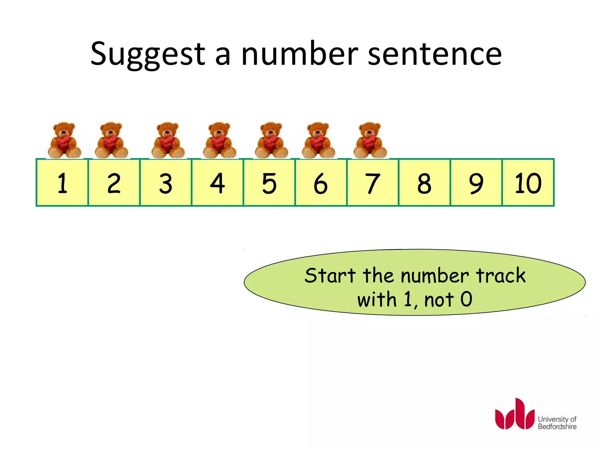 Suggest a number sentence


1   2   3   4   5   6     7    8    9   10


                    Start the number track
                         with 1, not 0
 