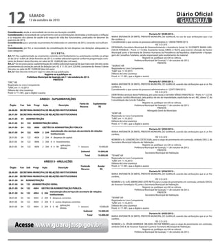 Acesse www.guaruja.sp.gov.br
Considerando, ainda, a necessidade da correta escrituração contábil;
Considerando a necessidade de cumprimento com as contribuições destinadas a instituições a inflação
e os reajustes dos planos de saúde e do seguro de vida dos funcionários, praticados no decorrer do
exercício de 2013;
Considerando que a previsão orçamentária foi elaborada em setembro de 2012, tonando-se insuficien-
te; e,
Considerando, por fim, a necessidade da contabilização de tais despesas nas dotações adequadas às
suas categorias;
D E C R E T A :
Art. 1.º Fica suplementado ao orçamento corrente, com fundamento na autorização contida no artigo
33 da Lei n.º 4.004, de 28 de fevereiro de 2013, o crédito adicional especial conforme programação cons-
tante do Anexo I deste Decreto, no valor de R$ 10.000,00 (dez mil reais).
Art. 2.º Os recursos para a suplementação do crédito adicional especial de que trata este Decreto serão
provenientes da anulação parcial da dotação (art. 43, § 1.º, III, Lei 4.320/64), constante do Anexo II deste
Decreto, no valor de R$ 10.000,00 (dez mil reais).
Art. 3.º Este Decreto entra em vigor na data de sua publicação.
Registre-se e publique-se.
Prefeitura Municipal de Guarujá, em 11 de outubro de 2013.
PREFEITA
“ORÇ”/dll
Registrado no Livro Competente
“GAB”, em 11.10.2013
Débora de Lima Lourenço
Pront. n.º 11.901, que o digitei e assino
Portaria N.º 2949/2013.-
MARIA ANTONIETA DE BRITO, PREFEITA MUNICIPAL DE GUARUJÁ, no uso de suas atribuições que a Lei
lhe confere; e,
Considerando o que consta no processo administrativo n.º 26058/79699/2013;
R E S O L V E :
DESIGNAR a Secretária Municipal de Desenvolvimento e Assistência Social, Sr.ª ELIZABETE MARIA GRA-
CIA DA FONSECA – Pront. n.º 12.502, Assistente Social, CRESS n.º 8273, para exercer a função de Gestor
Municipal junto à Secretaria de Direitos Humanos da Presidência da República, objetivando a Equipa-
gem de Conselhos Tutelares, sendo responsável pelo recebimento do material.
Registre-se, publique-se e dê-se ciência.
Prefeitura Municipal de Guarujá, 11 de outubro de 2013.
PREFEITA
“SEDEAS”/dll
Registrada no Livro Competente,
“GAB”, em 11.10.2013
Débora de Lima Lourenço
Pront. n.º 11.901, que a digitei e assino
Portaria N.º 2950/2013. -
MARIA ANTONIETA DE BRITO, PREFEITA MUNICIPAL DE GUARUJÁ, usando das atribuições que a Lei lhe
confere; e,
Considerando o que consta do processo administrativo n.º 22977/589/2012;
R E S O L V E :
DEMITIR dos serviços desta Prefeitura, por justa causa, o servidor SÉRGIO ANASTÁCIO – Pront. n.º 12.734,
Procurador Jurídico Municipal, pela prática de ato de improbidade, explicitado no art. 482, alínea“a”, da
Consolidação das Leis do Trabalho.
Registre-se, publique-se e dê-se ciência.
Prefeitura Municipal de Guarujá, 11 de outubro de 2013.
PREFEITA
Advogado Geral do Município
“ADM”/dll
Registrada no Livro Competente
“GAB”, em 11.10.2013
Débora de Lima Lourenço
Pront. n.º 11.901, que a digitei e assino
Portaria N.º 2953/2013.-
MARIA ANTONIETA DE BRITO, PREFEITA MUNICIPAL DE GUARUJÁ, usando das atribuições que a Lei lhe
confere,
R E S O L V E :
NOMEAR o Sr. LEANDRO DA COSTA SILVA, para o cargo de provimento em comissão, símbolo DAS-2, de
Secretário Municipal Adjunto de Habitação.
Registre-se, publique-se e dê-se ciência.
Prefeitura Municipal de Guarujá, 11 de outubro de 2013.
PREFEITA
Secretário Municipal de Habitação
“SEHAB”/dll
Registrada no Livro Competente
“GAB”, em 11.10.2013
Débora de Lima Lourenço
Pront. n.º 11.901, que a digitei e assino
Portaria N.º 2954/2013.-
MARIA ANTONIETA DE BRITO, PREFEITA MUNICIPAL DE GUARUJÁ, usando das atribuições que a Lei lhe
confere,
R E S O L V E :
NOMEAR o Sr. LUÍS AMERICANO LEITE NETO, para o cargo de provimento em comissão, símbolo DAS-6,
de Assessor Estratégico IV, junto à Secretaria Municipal de Habitação.
Registre-se, publique-se e dê-se ciência.
Prefeitura Municipal de Guarujá, 11 de outubro de 2013.
PREFEITA
Secretário Municipal de Habitação
“SEHAB”/dll
Registrada no Livro Competente
“GAB”, em 11.10.2013
Débora de Lima Lourenço
Pront. n.º 11.901, que a digitei e assino
Portaria N.º 2955/2013.-
MARIA ANTONIETA DE BRITO, PREFEITA MUNICIPAL DE GUARUJÁ, usando das atribuições que a Lei lhe
confere,
R E S O L V E :
NOMEAR o Sr. CÉSAR HENRIQUE ORLEANS DA PAZ RIBEIRO, para o cargo de provimento em comissão,
símbolo DAS-8, de Assessor Especial II, junto à Secretaria Municipal de Habitação.
Registre-se, publique-se e dê-se ciência.
Prefeitura Municipal de Guarujá, 11 de outubro de 2013.










ANEXO I - SUPLEMENTAÇÕES
Órgão Fun Sub Progr Ação Descrição
Fonte de
Recurso
Suplementar
R$
28.00.00 SECRETARIA MUNICIPAL DE RELAÇÕES INSTITUCIONAIS
28.01.00 SECRETARIA MUNICIPAL DE RELAÇÕES INSTITUCIONAIS
28.01.00 04 ADMINISTRAÇÃO
28.01.00 04 122 ADMINISTRAÇÃO GERAL
28.01.00 04 122 4004 GESTÃO DA ADMINISTRAÇÃO PÚBLICA
28.01.00 04 122 4004 2 204
manutenção dos serviços da secretaria de relações
institucionais
28.01.00 04 122 4004 2 204 4 despesas de capital
28.01.00 04 122 4004 2 204 4 4 Investimentos
28.01.00 04 122 4004 2 204 4 4 90
aplicações
diretas
1 tesouro 10.000,00
Subtotal 10.000,00
Total 10.000,00







ANEXO II - ANULAÇÕES
Órgão Fun Sub Progr Ação Descrição
Fonte de
Recurso
Anular
R$
28.00.00 SECRETARIA MUNICIPAL DE RELAÇÕES INSTITUCIONAIS
28.01.00 SECRETARIA MUNICIPAL DE RELAÇÕES INSTITUCIONAIS
28.01.00 04 ADMINISTRAÇÃO
28.01.00 04 122 ADMINISTRAÇÃO GERAL
28.01.00 04 122 4004 GESTÃO DA ADMINISTRAÇÃO PÚBLICA
28.01.00 04 122 4004 2 204
manutenção dos serviços da secretaria de relações
institucionais
28.01.00 04 122 4004 2 204 3 despesas correntes
28.01.00 04 122 4004 2 204 3 3 outras despesas correntes
28.01.00 04 122 4004 2 204 3 3 90
aplicações
diretas
1 tesouro 10.000,00
Subtotal 10.000,00
Total 10.000,00












ANEXO I - SUPLEMENTAÇÕES
Órgão Fun Sub Progr Ação Descrição
Fonte de
Recurso
Suplementar
R$
28.00.00 SECRETARIA MUNICIPAL DE RELAÇÕES INSTITUCIONAIS
28.01.00 SECRETARIA MUNICIPAL DE RELAÇÕES INSTITUCIONAIS
28.01.00 04 ADMINISTRAÇÃO
28.01.00 04 122 ADMINISTRAÇÃO GERAL
28.01.00 04 122 4004 GESTÃO DA ADMINISTRAÇÃO PÚBLICA
28.01.00 04 122 4004 2 204
manutenção dos serviços da secretaria de relações
institucionais
28.01.00 04 122 4004 2 204 4 despesas de capital
28.01.00 04 122 4004 2 204 4 4 Investimentos
28.01.00 04 122 4004 2 204 4 4 90
aplicações
diretas
1 tesouro 10.000,00
Subtotal 10.000,00
Total 10.000,00







ANEXO II - ANULAÇÕES
Órgão Fun Sub Progr Ação Descrição
Fonte de
Recurso
Anular
R$
28.00.00 SECRETARIA MUNICIPAL DE RELAÇÕES INSTITUCIONAIS
28.01.00 SECRETARIA MUNICIPAL DE RELAÇÕES INSTITUCIONAIS
28.01.00 04 ADMINISTRAÇÃO
28.01.00 04 122 ADMINISTRAÇÃO GERAL
28.01.00 04 122 4004 GESTÃO DA ADMINISTRAÇÃO PÚBLICA
28.01.00 04 122 4004 2 204
manutenção dos serviços da secretaria de relações
institucionais
28.01.00 04 122 4004 2 204 3 despesas correntes
28.01.00 04 122 4004 2 204 3 3 outras despesas correntes
28.01.00 04 122 4004 2 204 3 3 90
aplicações
diretas
1 tesouro 10.000,00
Subtotal 10.000,00
Total 10.000,00


sábado
12 de outubro de 2013
12 GUARUJÁ
Diário Oficial
 