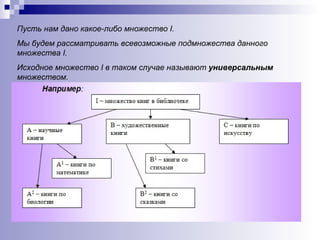 Пусть нам дано какое-либо множество  I .  Мы будем рассматривать всевозможные подмножества данного множества  I .  Исходное множество  I  в таком случае называют  универсальным  множеством. 