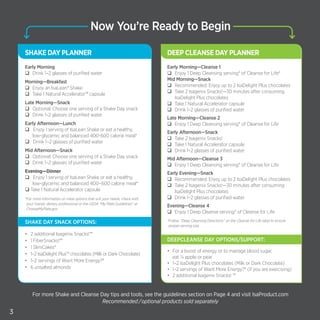 Now You’re Ready to Begin

    SHAKE DAY PLANNER                                                          DEEP CLEANSE DAY PLANNER
    Early Morning                                                              Early Morning—Cleanse 1
    qq Drink 1–2 glasses of purified water                                     qq Enjoy 1 Deep Cleansing serving* of Cleanse for Life®
                                                                               Mid Morning—Snack
    Morning—Breakfast
                                                                               qq Recommended: Enjoy up to 2 IsaDelight Plus chocolates
    qq Enjoy an IsaLean® Shake
                                                                               qq Take 2 Isagenix Snacks!—30 minutes after consuming
    qq Take 1 Natural Accelerator™ capsule
                                                                                  IsaDelight Plus chocolates
    Late Morning—Snack                                                         qq Take 1 Natural Accelerator capsule
    qq Optional: Choose one serving of a Shake Day snack                       qq Drink 1–2 glasses of purified water
    qq Drink 1–2 glasses of purified water
                                                                               Late Morning—Cleanse 2
    Early Afternoon—Lunch                                                      qq Enjoy 1 Deep Cleansing serving* of Cleanse for Life
    qq Enjoy 1 serving of IsaLean Shake or eat a healthy,
                                                                               Early Afternoon—Snack
       low-glycemic and balanced 400-600 calorie meal*
                                                                               qq Take 2 Isagenix Snacks!
    qq Drink 1–2 glasses of purified water
                                                                               qq Take 1 Natural Accelerator capsule
    Mid Afternoon—Snack                                                        qq Drink 1–2 glasses of purified water
    qq Optional: Choose one serving of a Shake Day snack                       Mid Afternoon—Cleanse 3
    qq Drink 1–2 glasses of purified water                                     qq Enjoy 1 Deep Cleansing serving* of Cleanse for Life
    Evening—Dinner                                                             Early Evening—Snack
    qq Enjoy 1 serving of IsaLean Shake or eat a healthy,                      qq Recommended: Enjoy up to 2 IsaDelight Plus chocolates
       low-glycemic and balanced 400–600 calorie meal*                         qq Take 2 Isagenix Snacks!—30 minutes after consuming
    qqTake 1 Natural Accelerator capsule                                          IsaDelight Plus chocolates
    * or more information on meal options that suit your needs, check with
     F                                                                         qq Drink 1–2 glasses of purified water
     your trainer, dietary professional or the USDA “My Plate Guidelines” at
                                                                               Evening—Cleanse 4
     ChooseMyPlate.gov
                                                                               qq Enjoy 1 Deep Cleanse serving* of Cleanse for Life

    SHAKE DAY SNACK OPTIONS:                                                   * ollow “Deep Cleansing Directions” on the Cleanse for Life label to ensure
                                                                                F
                                                                                proper serving size.

    •	   2 additional Isagenix Snacks!™
    •	   1 FiberSnacks!™                                                       DEEPCLEANSE DAY OPTIONS/SUPPORT:
    •	   1 SlimCakes®
                                                                               •	 For a boost of energy or to manage blood sugar,
    •	   1–2 IsaDelight Plus™ chocolates (Milk or Dark Chocolate)
                                                                                  eat ¼ apple or pear
    •	   1–2 servings of Want More Energy?®
                                                                               •	 1–2 IsaDelight Plus chocolates (Milk or Dark Chocolate)
    •	   6 unsalted almonds                                                    •	 1–2 servings of Want More Energy?® (if you are exercising)
                                                                               •	 2 additional Isagenix Snacks! ™


         For more Shake and Cleanse Day tips and tools, see the guidelines section on Page 4 and visit IsaProduct.com
                                     Recommended / optional products sold separately
3
 