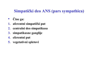 Simpatički deo ANS (pars sympathica)
 Čine ga:
1. aferentni simpatički put
2. centralni deo simpatikusa
3. simpatikusne ganglije
4. eferentni put
5. vegetativni spletovi
 