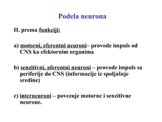 Podela neurona
II. prema funkciji:
a) motorni, eferentni neuroni– provode impuls od
CNS ka efektornim organima
b) senzitivni, aferentni neuroni – provode impuls sa
periferije do CNS (informacije iz spoljašnje
sredine)
c) interneuroni – povezuje motorne i senzitivne
neurone.
 