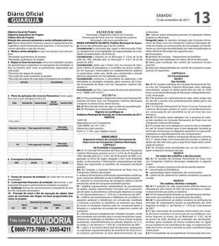 Diário Oficial
 GUARUJÁ
                                                                                                                                                         sÁbAdo
                                                                                                                                                         12 de novembro de 2011
                                                                                                                                                                                              13
objetivo Geral do Projeto:                                                                    d e C R e T o N.º 9.619.                         atribuições;
objetivos específicos do Projeto:                                                   “Homologa o Regimento Interno da Comissão                  Viii - exercer outras atribuições previstas na Legislação Federal,
Público Alvo do Projeto:                                                        Permanente de Passe Livre nos Transportes Coletivos            Estadual ou Municipal.
Relação dos recursos existentes a serem utilizados pelo pro-                             Municipais e dá outras providências.”                 Parágrafo único. As decisões tomadas pela Comissão Perma-
jeto (físicos, financeiros, humanos, consumo, equipamentos etc;           MARiA ANToNieTA de bRiTo, Prefeita Municipal de Guaru-               nente do Passe Livre nos Transportes Coletivos Municipais de-
especificar a fonte financiadora de cada item, e nos recursos hu-         já, no uso das atribuições que a lei lhe confere;                    verão ser levadas ao conhecimento da Comunidade, em atendi-
manos especificar o tipo de vínculo)                                      Considerando os princípios que regem a Administração Públi-          mento ao o princípio da publicidade, por meio de publicação no
3 - Metas a serem atingidas (o que visa alcançar com este pro-            ca, notadamente os da legalidade, da impessoalidade, da mora-        Diário Oficial do Município dos seguintes atos:
jeto):                                                                    lidade, da publicidade e da eficiência;                              a) convocações;
*Resultados quantitativos do projeto:                                     Considerando o disposto na Lei Municipal n.º 2.418, de 26 de         b) períodos de inscrição – requerimento ao benefício;
*Resultados qualitativos do projeto:                                      julho de 1995, alterada pela Lei Municipal n.º 3.427, de 04 de       c) divulgação dos habilitados em Diário Oficial do Município;
4 - etapas ou fases de execução (como será realizado o projeto,           janeiro de 2007;                                                     d) datas para confecção dos cartões de transporte escolar
em quantas fases e especificar no cronograma das atividades os            Considerando, ainda, que o Passe Livre nos serviços de trans-        gratuito;
dias, os horários, bem como os profissionais responsáveis por             porte coletivo de passageiros, é concedido aos alunos residen-       e) datas para disponibilidade dos cartões de transporte escolar
cada ação):                                                               tes em Guarujá e matriculados em estabelecimentos públicos           gratuito ao requerente.
*Descrição das etapas do projeto:                                         ou particulares, neste caso, desde que comprovada a isenção                                      CAPÍTULo ii
*Descrição das ações propostas do projeto:                                plena do pagamento de mensalidades escolares;                                                do funcionamento
*Descrição dos prazos de cada etapa (cronograma de atividades):           Considerando, outrossim, a necessidade de padronizar e dar                                          seÇÃo i
              ofiCiNA                              diA/HoRÁRio            efetividade às atividades realizadas pelos membros da Comis-                                     das reuniões
                                                                          são Permanente de Passe Livre nos Transportes Coletivos Mu-          Art. 3.º As reuniões ordinárias da Comissão Permanente de Pas-
                                                                          nicipais; e,                                                         se Livre nos Transportes Coletivos Municipais serão realizadas
                                                                          Considerando, por fim, o que consta do processo administrati-        mensalmente, sempre na última quinta-feira do mês, às 10:00
                                                                          vo n.º 18800/145773/2011;                                            horas, na Secretaria Municipal de Educação, independentemen-
5 - Plano de aplicação dos recursos financeiros (como, quan-                                        deCReTA:                                   te de convocação.
do e com o que será gasto o recurso):                                     Art. 1.º Fica homologado o Regimento Interno da Comissão Per-        § 1.º Na hipótese de a data prevista no caput, deste artigo, não
                                                VALoR
                                                                          manente de Passe Livre nos Transportes Coletivos Municipais,         ser dia útil, a reunião será automaticamente adiada para o dia
    iTeM        desCRiÇÃo     QUANTidAde                    VALoR ToTAL   constante no Anexo Único, deste Decreto.                             útil subsequente.
                                               UNiTÁRio
                                                                          Art. 2.º Este Decreto entra em vigor na data de sua publicação.      § 2.º A Comissão Permanente de Passe Livre nos Transportes
                                                                          Art. 3.º Revogam-se as disposições em contrário.                     Coletivos Municipais poderá se reunir, extraordinariamente,
                                                                                             Registre-se e publique-se.                        por convocação do seu presidente ou de um terço dos seus
                                                                          Prefeitura Municipal de Guarujá, em 10 de novembro de 2011.          membros.
                                                                                                      PRefeiTA                                 Art. 4.º As reuniões serão realizadas com a presença da maio-
TOTAL GERAL
                                                                          “LEIN”/dll                                                           ria dos membros da Comissão Permanente de Passe Livre nos
                                                                          Registrado no Livro Competente,                                      Transportes Coletivos Municipais.
                                                         Valor pago
                                                                          “UAE GBPRE”, em 10.11.2011                                           § 1.º A reunião não será realizada se o quorum não se completar
 Materiais / serviços   Valor pago pelo Convênio
                                                        pela entidade     Débora de Lima Lourenço -                                            em até 30 (trinta) minutos após a hora designada, lavrando-se
                                                                          Pront. n.º 11.901, que o digitei e assino                            termo que mencionará os integrantes presentes e os que justifi-
                                                                                                                                               cadamente ou injustificadamente não compareceram.
                                                                                                    ANeXo ÚNiCo                                § 2.º Quando não for obtida a composição de quorum, na forma
                                                                                  Regimento interno da Comissão Permanente de                  do § 1.º, deste artigo, será convocada nova reunião, a realizar-se
                                                         Valor pago
                                                                                 Passe Livre nos Transportes Coletivos Municipais              dentro de dois dias úteis, para a qual ficará dispensada a verifi-
         RH             Valor pago pelo Convênio
                                                        pela entidade                                 CAPÍTULo i                               cação de quorum.
                                                                                             da finalidade e Competência                       § 3.º As reuniões serão secretariadas por um dos membros a
                                                                          Art. 1.º A Comissão Permanente de Passe Livre nos Transportes        quem competirá à lavratura das atas.
                                                                          Coletivos Municipais, prevista na Lei n.º 2.418, de 26 de julho de                                 seÇÃo ii
                                                                          1995, alterada pela Lei n.º 3.427, de 04 de janeiro de 2007, é or-               da ordem dos trabalhos e das discussões
6 - Cronograma de desembolso:                                             ganizada na forma de órgão colegiado e tem como finalidade           Art. 5.º As reuniões da Comissão Permanente de Passe Livre
       MÊs                VALoR              MÊs              VALoR
                                                                          avaliar os documentos e informações comprobatórias da habi-          nos Transportes Coletivos Municipais obedecerão à seguinte
                                                                          litação dos requerentes ao benefício do transporte estudantil        ordem:
                                                                          gratuito.                                                            i – leitura, votação e assinatura da ata da reunião anterior;
                                                                          Art. 2.º Compete a Comissão Permanente de Passe Livre nos            ii – comunicação da Presidência;
                                                                          Transportes Coletivos Municipais:                                    iii – apresentação, pelos integrantes, de comunicações;
                                                                          i – avaliar os documentos e informações apresentadas e emitir pa-    iV – ordem do dia, referente às matérias constantes na pauta da
7 - fontes de recursos da entidade (de onde vêm os recursos               recer conclusivo, deferindo ou não a habilitação do postulante;      reunião.
da entidade):                                                             ii – autorizar as concessionárias de transporte coletivo à devida                                  seÇÃo iii
8 - Contrapartida financeira da entidade (demonstrar a con-               emissão do cartão de transporte estudantil gratuito;                                 das análises, decisões e votações
trapartida financeira e patrimonial da entidade no projeto):              iii – inabilitar expressamente, independente do procedimento         Art. 6.º A avaliação de cada requerimento deferido deverá ser
9 - Avaliação (formas de monitoramento e indicadores de aná-              de análise, aqueles requerimentos instruídos sem a apresenta-        efetivada por pelo menos 03 (três) de seus membros e o relató-
lise dos resultados alcançados):                                          ção de todos os documentos e informações dispostos no artigo         rio final assinado por todos os membros.
10 - Previsão do início e fim da execução do objeto, bem                  2.º, do Decreto Municipal n.º 7.970, de 13 de fevereiro de 2007;     Art. 7.º Os requerimentos deverão ser equitativamente distribu-
como da conclusão das etapas ou fases programadas pre-                    iV – verificar permanentemente a habilitação do estudante re-        ídos entre seus membros no procedimento de análise.
vistas no projeto:                                                        querente, podendo o beneficiário ser considerado inabilitado         Art. 8.º O procedimento de análise consistirá na verificação da
                         PReVisÃo de dURAÇÃo                              a continuar a perceber os benefícios no momento que deixar           instrução do requerimento quanto ao atendimento dos itens
               iNÍCio                               TÉRMiNo               de reunir as condições impostas pela lei, consubstanciando o         dispostos no artigo 2.º, do Decreto n.º 7.970, de 13 de fevereiro
   diA          MÊs          ANo         diA          MÊs         ANo     bloqueio e a suspensão da recarga dos respectivos cartões de         de 2007.
                                                                          transporte;                                                          § 1.º Nas requisições de estudantes matriculados em Unida-
                                                                          V – orientar pessoal e estudantes das Unidades Escolares, sendo      de de Ensino estranha à circunscrição de sua residência, con-


                         OuvidOria
                                                                          dois estudantes por período, para a correta instrução dos reque-     forme disposto no Anexo, da Lei Municipal n.º 3.427, de 04
  fale com a                                                              rimentos de habilitação ao benefício do Passe Escolar Gratuito,
                                                                          anualmente, antecedentemente ao período disposto no § 3.º,
                                                                                                                                               de janeiro de 2007, deverão ser analisadas das declarações,
                                                                                                                                               emitidas pelas Unidades de Ensino estabelecidas na região
                                                                          do artigo 2.º, do Decreto n.º 7.970, de 13 de fevereiro de 2007;     de sua residência, de insuficiência de vaga, na respectiva Uni-

       0800-773-7000 • 3355-4211
                                                                          Vi – sugerir à Secretaria Municipal de Educação adaptações           dade de Ensino, na série e período ao qual o estudante esteja
                                                                          na legislação regulamentadora do benefício do Passe Esco-            matriculado.
                                                                          lar Gratuito, pertinentes ao bom desenvolvimento de suas             § 2.º A necessidade de acompanhante na locomoção dos estu-
 