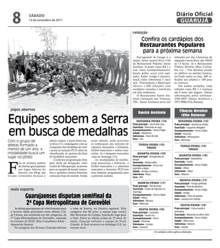 8              sÁbAdo
                  12 de novembro de 2011
                                                                                                                                                                 Diário Oficial
                                                                                                                                                                  GUARUJÁ
                                                                                                                    refeição

                                                                                                                           Confira os cardápios dos
                                                                                                                           restaurantes Populares
                                                                                                                            para a próxima semana
                                                                                                                       Estrogonofe de frango é a               refeições por dia e funciona de
                                                                                                                    opção desta quarta-feira (16)              segunda a sexta-feira, das 10h30
                                                                                                                    no Restaurante Popular Santo               às 13 horas. Já o Restaurante
                                                                                                                    Antônio. O prato custa R$ 1 e              Tibério Birolini (Rua Colôm-
                                                                                                                    tem como acompanhamento:                   bia s/n – Vila Baiana) atende
                                                                                                                    batata palha, arroz com espi-              ao público no mesmo horário,
                                                                                                                    nafre, feijão, acelga e cenoura,           servindo todos os dias, 400 re-
                                                                                                                    maçã como sobremesa e suco                 feições aos adultos e 100 para
                                                                                                                    mix. Diariamente, o Município              as crianças.
                                                                                                                    oferece 1.500 refeições com                    Em ambas unidades, cada
                                                                                                                    cardápios variados e nutritivos            refeição custa R$ 1 e crianças
                                                                                                                    em dois endereços.                         até 6 anos não pagam. Outras
                                                                                                                       O Restaurante Santo An-                 informações pelos telefones:




                                                                                                       Divulgação
                                                                                                                    tônio (Alameda das Violetas,               3382-6927 (Santo Antônio) e
                                                                                                                    330 – Santo Antônio) serve mil             3351-9896 (Vila Baiana).

  jogos abertos                                                                                                                                                     Tibério Birolini
                                                                                                                         Santo Antônio

Equipes sobem a Serra
                                                                                                                                                                     (Vila Baiana)
                                                                                                                       SegundA-feirA (14)                         SegundA-feirA (14)
                                                                                                                    Prato principal – Carne bela vista         Prato principal – Salsicha ao molho


em busca de medalhas
                                                                                                                    Guarnição – Macarrão ao sugo               Guarnição – Legumes refogados
                                                                                                                    Acompanhamento – Arroz e feijão            Acompanhamento – Arroz e feijão
                                                                                                                    salada – Abobrinha                         salada – Escarola
                                                                                                                    sobremesa – Doce de leite                  sobremesa – Moranguete
                                                                                                                    suco – Uva                                 suco – Maracujá
Com o grupo de                      atletas viajam, a partir desta sex-   neste sábado, estão previstos
                                    ta-feira (11), empolgados com as      os embarques das seleções de
atletas formado a                   conquistas das medalhas de ouro       capoeira masculina e feminina,
                                                                                                                         TerçA-feirA (15)
                                                                                                                                                                     TerçA-feirA (15)
                                                                                                                             feRiAdo
menos de um ano, a                  e prata na natação PCD, além da       futebol masculino e xadrez mas-                                                                feRiAdo
modalidade busca um                 classificação às quartas-de-final     culino. Já o basquete masculino                QuArTA-feirA (16)
                                                                                                                                                                   QuArTA-feirA (16)
lugar no pódio                      do handebol masculino.                viaja no domingo (13).                    Prato principal – Estrogonofe de
                                                                                                                                                               Prato principal - Dobradinha
                                                                                                                    frango



F
                                        Conforme programação feita            As modalidades de kickibo-
                                                                                                                    Guarnição – Batata palha                   Guarnição – Farofa
        im de semana repleto        pelo chefe da delegação, João         xing masculina e feminina, o
                                                                                                                    Acompanhamento – Arroz com                 Acompanhamento – Arroz e feijão
        de estréias guarujaenses    Carlos de Albuquerque, as provas      biribol masculino e o atletismo
                                                                                                                    espinafre e feijão                         salada – Alface
        nos Jogos Abertos do        para as equipes de karatê mascu-      masculino e feminino PCD tem
                                                                                                                    salada – Acelga e cenoura                  sobremesa – Maçã
        Interior, em Mogi das       lino e ginástica rítmica feminina     suas disputas programadas para
                                                                                                                    sobremesa - Maçã                           suco – Abacaxi
Cruzes. Comissões técnicas e        começam hoje de manhã. Ainda          a próxima semana.                         suco – Mix
                                                                                                                                                                    QuinTA-feirA (17)
                                                                                                                         QuinTA-feirA (17)                     Prato principal – Frango grelhado
                                                                                                                    Prato principal – Filé de peixe            Guarnição – Purê de abóbora
  mais esporte                                                                                                      Guarnição – Dueto de legumes na            Acompanhamento – Arroz e feijão
                                                                                                                    manteiga                                   salada – Acelga
               Guarujaenses disputam semifinal da                                                                   Acompanhamento – Arroz e feijão
                                                                                                                    salada – Alface
                                                                                                                                                               sobremesa – Doce de goiaba
                                                                                                                                                               suco – Laranja com mamão
               2ª copa metropolitana de Gerovôlei
                                                                                                                    sobremesa – Banana
                                                                                                                    suco – Maracujá
                                                                                                                                                                     SexTA-feirA (18)
      As atletas guarujaenses de vôlei feminino para   o time de Santos, no clássico regional. Pela                       SexTA-feirA (18)                     Prato principal – Carne moída à
  a terceira idade participam neste sábado (12),       categoria dos 60 anos, a equipe joga contra                  Prato principal – Cassoulet                primavera
  às 9 horas, das semifinais em três categorias, da    São Bernardo do Campo, buscando vaga para                    Guarnição – Farofa rica                    Guarnição – Macarrão ao alho e óleo
  2ª Copa Metropolitana de Gerovôlei, realizada        a final. Entre as atletas acima de 70 anos de                Acompanhamento – Arroz                     Acompanhamento – Arroz e feijão
  no Ginásio do SESC (Rua Conselheiro Ribas –          idade, Guarujá enfrenta a equipe de Praia                    salada – Almeirão                          salada – Alface roxa
  Aparecida/Santos).                                   Grande. A final acontece no domingo (13), no                 sobremesa – Laranja                        sobremesa – Banana
      Na categoria dos 50 anos, Guarujá enfrenta       mesmo local.                                                 suco – Guaraná                             suco – Goiaba
                                                                                                                                        • Os cardápios estão sujeitos a alterações
 