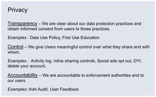 Privacy

Transparency – We are clear about our data protection practices and
obtain informed consent from users to those p...