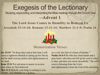 —Advent 1
           The Lord Jesus Comes in Humility to Redeem Us
  Jeremiah 33:14-18; Romans 13:11-14; Matthew 21:1-9; Psalm 24




                                 Memorization Verses:
Jer 33:15 5 In those days and at that time I will   on a colt, the foal of a beast of burden.’”
cause a righteous Branch to spring up for David,    Psalm 24:4-5 He who has clean hands and a
and he shall execute justice and righteousness in   pure heart, who does not lift up his soul to what
the land.                                           is false and does not swear deceitfully. 5 He will
Rom 13:11 For salvation is nearer to us now         receive blessing from the LORD
than when we first believed.                        and righteousness from the God of his salvation.
Mat 21:5 Behold, your king is coming to you,
humble, and mounted on a donkey,
 