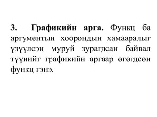 3.  Графикийн арга. Функц ба аргументын хоорондын хамааралыг  үзүүлсэн муруй зурагдсан байвал түүнийг графикийн аргаар өгөгдсөн функц гэнэ.