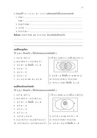 21

5. กาหนดให้ A = { 1 , 3 }, B = { 3 , 5 } จงเขียนเซตต่อไปนี้ แบบแจกแจงสมาชิก
    1. P (A) = ………………………………………………………………………………………
         P (B) = ………………………………………………………………………………………
    2. P (A)  P (B) = …………………………………………………………………………….
    3. A  B = ………….……..………………………………………………………………….
    4. P ( A  B ) = ………….…………………………………………………………………….
ข้ อสั งเกต P (A)  P (B) และ P ( A  B ) มีความสัมพันธ์กนอย่างไร             ั
…………………………………………………………………………………………………………
…………………………………………………………………………………………………………
------------------------------------------------------------------------------------------------------------------------
สมบัติของยูเนียน
ให้ A, B, C เป็ นเซตใด ๆ ที่เป็ นสับเซตของเอกภพสัมพัทธ์ U
1.   A  B =B  A                                            8. ถ้า B  A และ C  A แล้ว (B  C)  A
2.   (A  B)  C = A  ( B  C )                                           A
3.    A  B = B ก็ต่อเมื่อ A  B                                               B                     C
4.    A  = A
                                                                                                             U
5.    A U= U
6.    AA= A                                                                    ่
                                                             9. A  B =  ก็ตอเมื่อ A =  และ B = 
7.    A  A  B และ B  A  B                                10. P ( A )  P ( B )  P ( A  B )
                                                             11. P ( A )  P ( B ) ก็ต่อเมื่อ A  B
สมบัติของอินเตอร์ เซกชัน
ให้ A, B, C เป็ นเซตใด ๆ ที่เป็ นสับเซตของเอกภพสัมพัทธ์ U
1. A  B = B  A                                             7. ถ้า A  B และ A  C แล้ว A  (B  C)
2. (A  B)  C = A  ( B  C )
                                                                      A
3. A  B = A ก็ต่อเมื่อ A  B                                                                            B
4. A   =                                                                           C
5. A  U = A                                                                                             U
6. A  A = A
8. A  B  A  B                                             11. A  B  A และ A  B  B     U
9. A  ( B  C ) = (A  B)  (A  C )                        12. P ( A )  P ( B ) = P ( A  B )
10. A  ( B  C ) = (A  B)  (A  C )                       13. A  B = A  B ก็ต่อเมื่อ A = B
 