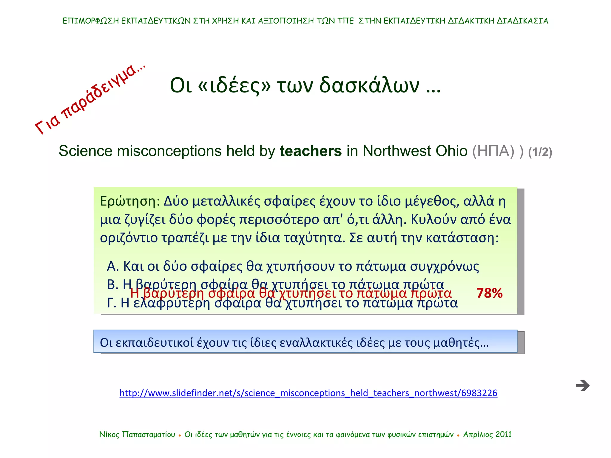 Νίκος Παπασταματίου  ●  Οι ιδέες των μαθητών   για τις έννοιες και τα φαινόμενα των φυσικών επιστημών  ●  Απρίλιος 2011 ΕΠΙΜΟΡΦΩΣΗ ΕΚΠΑΙΔΕΥΤΙΚΩΝ ΣΤΗ ΧΡΗΣΗ ΚΑΙ ΑΞΙΟΠΟΙΗΣΗ ΤΩΝ ΤΠΕ  ΣΤΗΝ ΕΚΠΑΙΔΕΥΤΙΚΗ ΔΙΔΑΚΤΙΚΗ ΔΙΑΔΙΚΑΣΙΑ Οι «ιδέες» των δασκάλων … Ερώτηση:  Δύο μεταλλικές σφαίρες έχουν το ίδιο μέγεθος, αλλά η μια ζυγίζει δύο φορές περισσότερο απ' ό,τι άλλη. Κυλούν από ένα οριζόντιο τραπέζι με την ίδια ταχύτητα. Σε αυτή την κατάσταση: Α. Και οι δύο σφαίρες θα χτυπήσουν το πάτωμα συγχρόνως  Β. Η βαρύτερη σφαίρα θα χτυπήσει το πάτωμα πρώτα   Γ. Η ελαφρύτερη σφαίρα θα χτυπήσει το πάτωμα πρώτα Science misconceptions held by  teachers  in Northwest Ohio   (ΗΠΑ) )   (1/2) http://www.slidefinder.net/s/science_misconceptions_held_teachers_northwest/6983226 Οι εκπαιδευτικοί έχουν τις ίδιες εναλλακτικές ιδέες με τους μαθητές…  Η βαρύτερη σφαίρα θα χτυπήσει το πάτωμα πρώτα   78% Για παράδειγμα…  