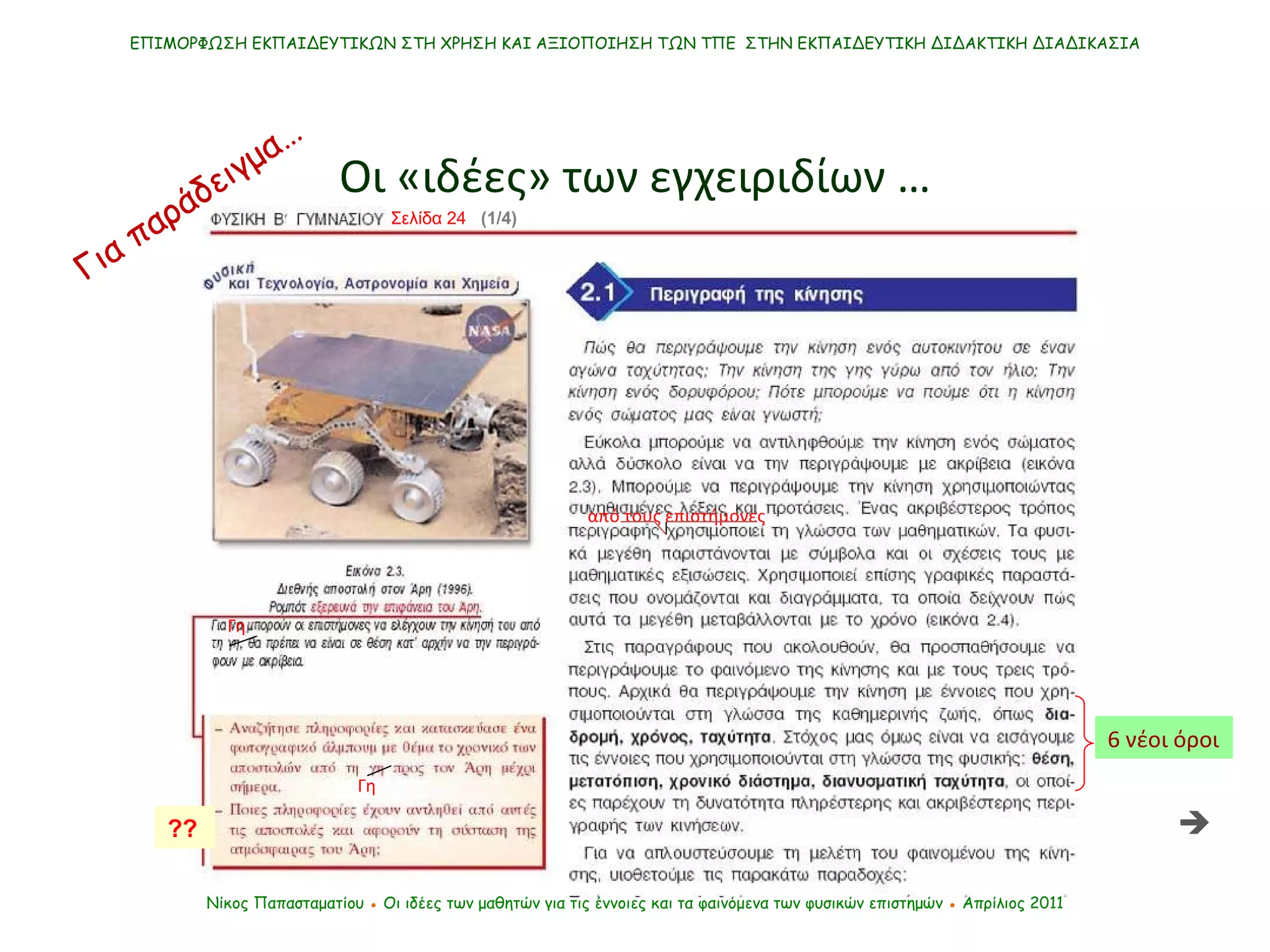 ΕΠΙΜΟΡΦΩΣΗ ΕΚΠΑΙΔΕΥΤΙΚΩΝ ΣΤΗ ΧΡΗΣΗ ΚΑΙ ΑΞΙΟΠΟΙΗΣΗ ΤΩΝ ΤΠΕ  ΣΤΗΝ ΕΚΠΑΙΔΕΥΤΙΚΗ ΔΙΔΑΚΤΙΚΗ ΔΙΑΔΙΚΑΣΙΑ Οι «ιδέες» των εγχειριδίων …  ?? Νίκος Παπασταματίου  ●  Οι ιδέες των μαθητών   για τις έννοιες και τα φαινόμενα των φυσικών επιστημών  ●  Απρίλιος 2011 Σελίδα 24  (1/4) Για παράδειγμα… από τους επιστήμονες 6 νέοι όροι Γη Γη 