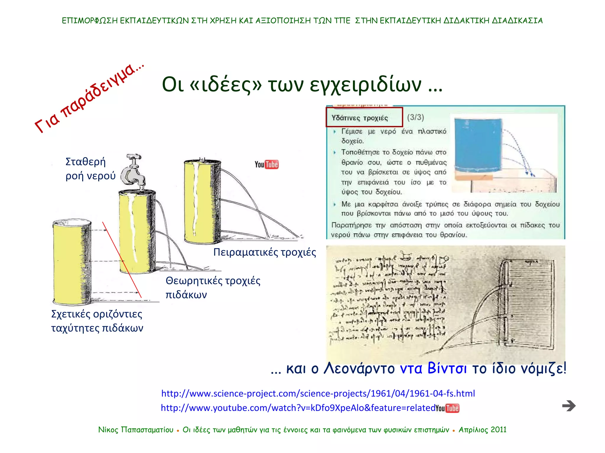 Οι «ιδέες» των εγχειριδίων … Νίκος Παπασταματίου  ●  Οι ιδέες των μαθητών   για τις έννοιες και τα φαινόμενα των φυσικών επιστημών  ●  Απρίλιος 2011 http://www.youtube.com/watch?v=kDfo9XpeAlo&feature=related http :// www . science - project . com / science - projects /1961/04/1961-04- fs . html ...  και ο Λεονάρντο  ντα Βίντσι  το ίδιο νόμιζε!  ΕΠΙΜΟΡΦΩΣΗ ΕΚΠΑΙΔΕΥΤΙΚΩΝ ΣΤΗ ΧΡΗΣΗ ΚΑΙ ΑΞΙΟΠΟΙΗΣΗ ΤΩΝ ΤΠΕ  ΣΤΗΝ ΕΚΠΑΙΔΕΥΤΙΚΗ ΔΙΔΑΚΤΙΚΗ ΔΙΑΔΙΚΑΣΙΑ (3/3)  Για παράδειγμα… Σταθερή ροή νερού Σχετικές οριζόντιες ταχύτητες πιδάκων Θεωρητικές τροχιές πιδάκων Πειραματικές τροχιές 