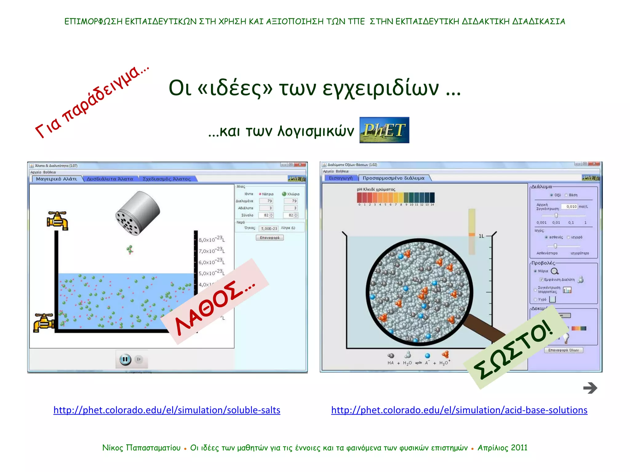Οι «ιδέες» των εγχειριδίων … Νίκος Παπασταματίου  ●  Οι ιδέες των μαθητών   για τις έννοιες και τα φαινόμενα των φυσικών επιστημών  ●  Απρίλιος 2011 ΕΠΙΜΟΡΦΩΣΗ ΕΚΠΑΙΔΕΥΤΙΚΩΝ ΣΤΗ ΧΡΗΣΗ ΚΑΙ ΑΞΙΟΠΟΙΗΣΗ ΤΩΝ ΤΠΕ  ΣΤΗΝ ΕΚΠΑΙΔΕΥΤΙΚΗ ΔΙΔΑΚΤΙΚΗ ΔΙΑΔΙΚΑΣΙΑ Για παράδειγμα… ...και των λογισμικών http://phet.colorado.edu/el/simulation/soluble-salts http://phet.colorado.edu/el/simulation/acid-base-solutions ΛΑΘΟΣ… ΣΩΣΤΟ!  