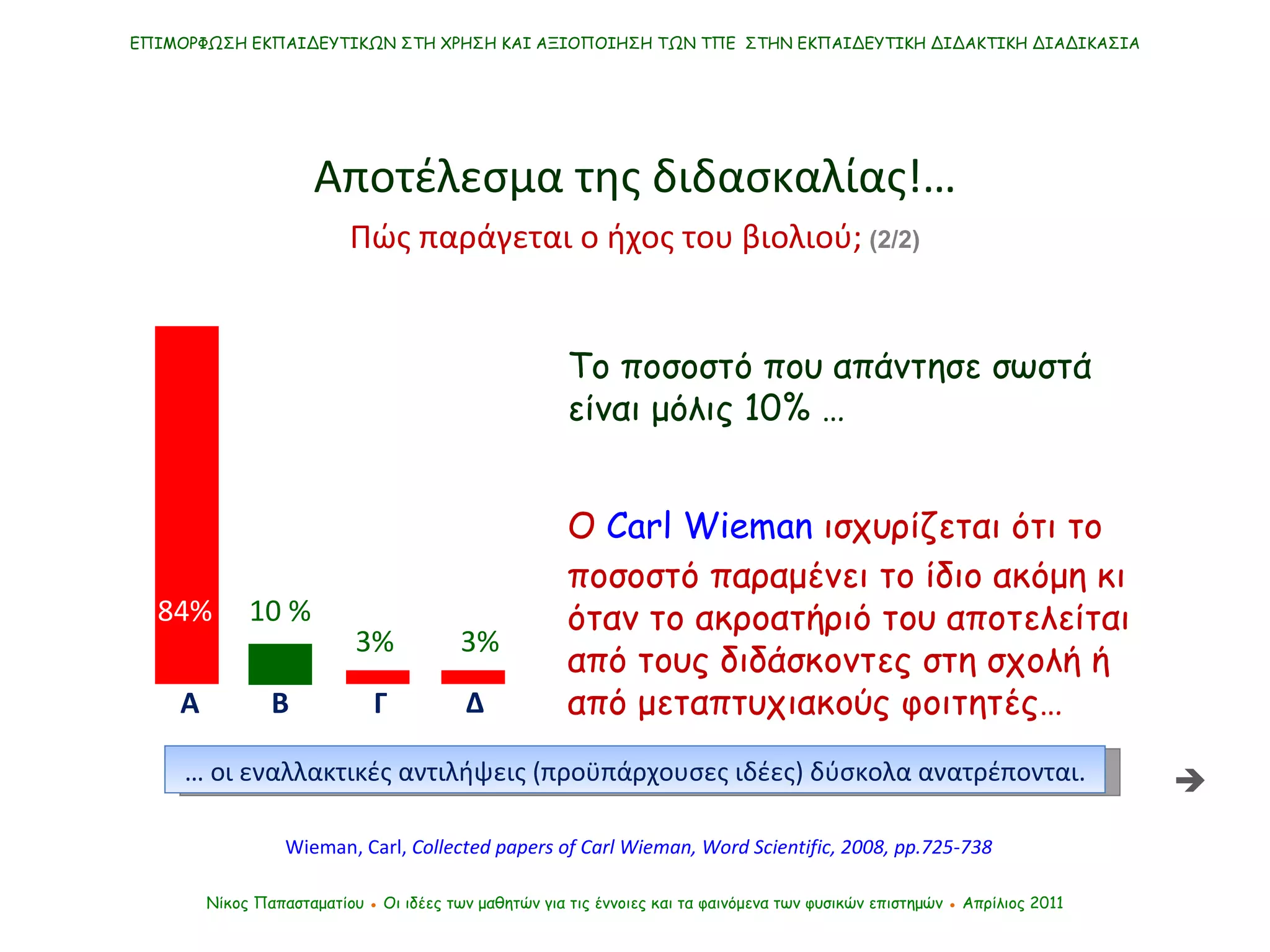 ΕΠΙΜΟΡΦΩΣΗ ΕΚΠΑΙΔΕΥΤΙΚΩΝ ΣΤΗ ΧΡΗΣΗ ΚΑΙ ΑΞΙΟΠΟΙΗΣΗ ΤΩΝ ΤΠΕ  ΣΤΗΝ ΕΚΠΑΙΔΕΥΤΙΚΗ ΔΙΔΑΚΤΙΚΗ ΔΙΑΔΙΚΑΣΙΑ Νίκος Παπασταματίου  ●  Οι ιδέες των μαθητών   για τις έννοιες και τα φαινόμενα των φυσικών επιστημών  ●  Απρίλιος 2011 22,77% Το ποσοστό που απάντησε σωστά είναι μόλις 10% … Ο  Carl Wieman   ισχυρίζεται ότι το ποσοστό παραμένει το ίδιο ακόμη κι όταν το ακροατήριό του αποτελείται από τους διδάσκοντες στη σχολή ή από μεταπτυχιακούς φοιτητές… Wieman, Carl,  Collected papers of Carl Wieman , Word Scientific, 2008, pp.725-738  Αποτέλεσμα της διδασκαλίας !… …  οι εναλλακτικές αντιλήψεις (προϋπάρχουσες ιδέες) δύσκολα ανατρέπονται. Πώς παράγεται ο ήχος του βιολιού;  (2/2)  84% 10 % 3% 3% Α Β Γ Δ 