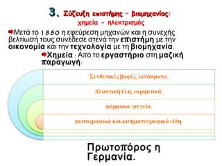 3. Σύζευξη επιστήμης – βιομηχανίας: 
χημεία - ηλεκτρισμός 
Μετά το 1880 η εφεύρεση μηχανών και η συνεχής βελτίωσή 
τους συνέδεσε στενά την επιστήμη με την οικονομία και την 
τεχνολογία με τη βιομηχανία. 
Συνθετικές 
βαφές, 
λιπάσματα, 
πλαστική ύλη, 
εκρηκτικά, 
φάρμακα, ψυγεία, φωτογραφικά και 
κινηματογραφικά 
είδη. 
Χημεία : Από το εργαστήριο στη μαζική 
παραγωγή: 
Πρωτοπόρος η Γερμανία. 
 