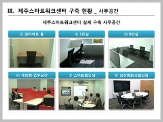 III. 제주스마트워크센터 구축 현황 _ 사무공간

          제주스마트워크센터 실제 구축 사무공간

   ① 콰이어트 룸       ② 2인실          ③ 8인실




  ④ 개방형 업무공간    ⑤ 스마트협업실    ⑥ 실감형화상회의실
 