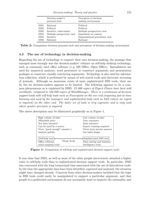 Decision-making: Theory and practice 155
Decision-maker’s Perception of decision-
personal style making environment
DM1 Rational Political
DM2 Political Political
DM3 Intuitive; value-based Multiple perspectives view
DM4 Multiple perspectives view Dependent on context
DM5 Intuitive Organisational procedures view
DM6 Rational Rational
Table 2: Comparison between personal style and perception of decision-making environment.
4.3 The use of technology in decision-making
Regarding the use of technology to support their own decision-making, the message that
emerged most strongly was the decision-makers’ reliance on self-help desktop technology,
such as commonly used oﬃce software (e.g. MS Oﬃce, Open Oﬃce). Spreadsheets are
used for numerical analyses, word processors to construct arguments and presentation
packages to construct visually convincing arguments. Technology is also used for informa-
tion collection, which is performed by means of web search tools and electronic accessing
of journals. Although an awareness exists of more sophisticated DSS tools, their use
by the six decision-makers appears to be limited. The following appears to be a com-
mon phenomenon as is explained by DM5: 25 000 copies of Expert Choice have been sold
worldwide, compared to 350 000 copies of MindManager. There is a continuum of decision
support tools with self-help tools such as Powerpoint on the one end (requiring just-in-time
learning and used by the manager) and sophisticated tools such as SAS (where an expert
is required) on the other end. The latter set of tools is very expensive and is only used
where greater precision is required.
The above description may be illustrated graphically as in Figure 1.
High volume of sales Low volume of sales
Aﬀordable price Very expensive
Not data intensive Data intensive
Can be used by a novice Expert training required
Gives “good enough” answers / Gives more precise answers
analysis quickly but takes longer
Self-help tool Sophisticated DSS tool
Think ToolsOﬃce software, Data mining and business
mind mapping tools intelligence tools
Figure 1: Comparison of self-help and sophisticated decision support tools.
It was clear that DM5, as well as most of the other people interviewed, attached a higher
value to self-help tools than to sophisticated decision support tools. In particular, DM5
was concerned with the long turnaround time associated with the use of data-driven tools:
by the time the appropriate data have been identiﬁed, captured and analysed, the situation
might have changed already. Concerns from other decision-makers included that the logic
in DSS tools could easily be manipulated to support a particular argument, and that
people in a politicised environment do not necessarily want to improve the rationality and
 