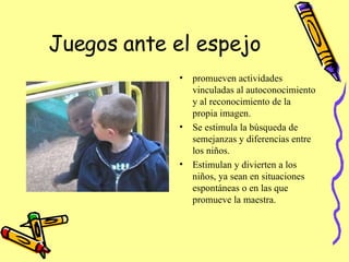 Juegos ante el espejo  promueven actividades vinculadas al autoconocimiento y al reconocimiento de la propia imagen.  Se estimula la búsqueda de semejanzas y diferencias entre los niños. Estimulan y divierten a los niños, ya sean en situaciones espontáneas o en las que promueve la maestra.  