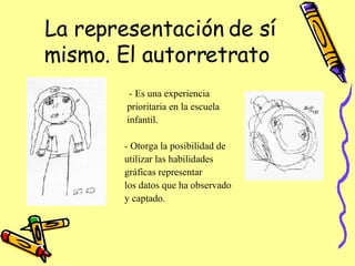 La representación de sí mismo. El autorretrato  -  Es una experiencia prioritaria en la escuela  infantil.  - Otorga la posibilidad de  utilizar las habilidades  gráficas representar los datos que ha observado y captado. 