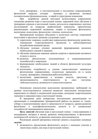 Суть тренировки - в систематической и постепенно повышающейся
физической нагрузке, которая          вызывает в организме человека
положительные функциональные, а порой и структурные изменения.
      При     разработке данной методики использованы современные
тенденции развития игры в настольный теннис, передовой опыт обучения и
тренировки игроков в настольный теннис, результаты современных научных
исследований по вопросам реабилитации инвалидов, практические
рекомендации спортивной медицины, теории и методики физического
воспитания, педагогики, физиологии, гигиены, психологии.
      Программный материал объединен в целостную систему спортивной
подготовки и предлагает решение следующих задач:
   1) укрепление здоровья, содействие нормальному физическому развитию,
      повышению сопротивляемости организма к неблагоприятным
      воздействиям внешней среды;
   2) обучение основам техники движений, формированию жизненно
      необходимых умений и навыков;
   3) обучение инвалидов навыкам занятия спортом и проведения активного
      отдыха и досуга.
   4) развитие двигательных (кондиционных и координационных)
      способностей у инвалидов;
   5) формирование необходимых знаний в области физической культуры
      личности;
   6) воспитание потребности и умения самостоятельно заниматься
      физическими упражнениями, сознательно применять их в целях
      отдыха, тренировки, повышения работоспособности;
   7) воспитание нравственных и волевых качеств, приучение к
      организованности,     ответственности     за    свои    поступки,
      любознательности, активности и самостоятельности.

     Основными показателями выполнения программных требований по
уровню подготовленности клиентов являются: выполнение контрольных
нормативов по общей и специальной подготовке, овладение теоретическими
знаниями и навыками игры в настольный теннис.
     В программе даны конкретные методические рекомендации по
организации и планированию тренировочной работы на разных ее этапах,
отбору и комплектованию групп в зависимости от возраста, уровня развития
физических и психофизиологических качеств и от специальных
способностей занимающихся инвалидов.
     Цель занятий обучения игре в настольный теннис - стимулирование и
поддержание интереса к жизни, развитие коммуникативных и физических
возможностей личности, устранение комплекса неполноценности.
     Реализация данной программы помогает решить следующие основные
задачи:
    возможность преодоления физического недуга с помощью участия в
     таком виде спорта, как игра в настольный теннис;
                                                                      15
 