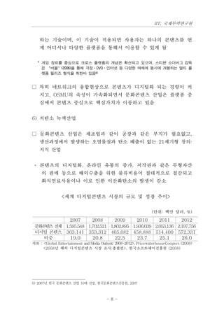 IIT, 국제무역연구원


    하는 기술이며, 이 기술이 적용되면 사용자는 하나의 콘텐츠를 언
    제 어디서나 다양한 플랫폼을 통해서 이용할 수 있게 됨


   * 게임 장르를 중심으로 크로스 플랫폼의 개념은 확산되고 있으며, 스티븐 소더버그 감독
     은 ‘버블’(2006)을 통해 극장·DVD·인터넷 등 다양한 매체에 동시에 개봉하는 멀티 플
     랫폼 릴리즈 형식을 취한바 있음6)


□ 특히 네트워크의 융합현상으로 콘텐츠가 디지털화 되는 경향이 커
    지고, OSMU의 속성이 가속화되면서 문화콘텐츠 산업은 플랫폼 중
    심에서 콘텐츠 중심으로 핵심가치가 이동하고 있음


6) 저탄소 녹색산업


□ 문화콘텐츠 산업은 제조업과 같이 공장과 같은 부지가 필요없고,
    생산과정에서 발생하는 오염물질과 탄소 배출이 없는 21세기형 창의·
    지식 산업


 ◦ 콘텐츠의 디지털화, 온라인 유통의 증가, 저작권과 같은 무형자산
     의 판매 등으로 해외수출을 위한 물류비용이 절대적으로 절감되고
     화석연료사용이나 이로 인한 이산화탄소의 발생이 감소


               <세계 디지털콘텐츠 시장의 규모 및 성장 추이>


                                                                 (단위: 백만 달러, %)
           2007      2008      2009      2010      2011      2012
 문 콘 츠전
  화 텐  체 1,595,548 1,702,521 1,802,895 1,936,039 2,053,136 2,197,756
 디지털 콘텐츠 303,141 353,312 405,082 458,888 514,400 572,331
   비중      19.0      20.8      22.5      23.7      25.1      26.0
자료 : <Global Entertainment and Media Outlook: 2008-2012>, PricewaterhouseCoopers (2008)
     <2008년 해외 디지털콘텐츠 시장 조사:총괄편>, 한국소프트웨어진흥원 (2008)




6) 2007년 한국 문화콘텐츠 산업 10대 전망, 한국문화콘텐츠진흥원, 2007



                                        - 8 -
 