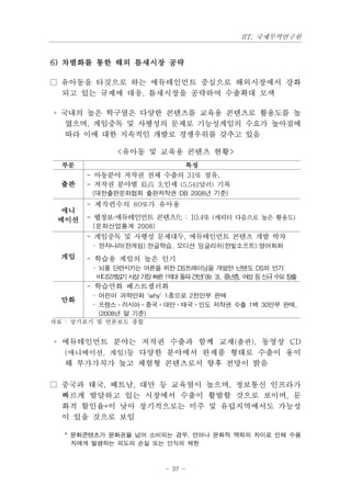 IIT, 국제무역연구원


6) 차별화를 통한 해외 틈새시장 공략

□ 유아동을 타깃으로 하는 에듀테인먼트 중심으로 해외시장에서 강화
  되고 있는 규제에 대응, 틈새시장을 공략하여 수출확대 모색

◦ 국내의 높은 학구열은 다양한 콘텐츠를 교육용 콘텐츠로 활용도를 높
   였으며, 게임중독 및 사행성의 문제로 기능성게임의 수요가 높아짐에
   따라 이에 대한 지속적인 개발로 경쟁우위를 갖추고 있음

             <유아동 및 교육용 콘텐츠 현황>
  부문                         특징
       - 아동분야 저작권 전체 수출의 31% 점유,
  출판   - 저작권 분야별 最高 先인세 (5,542달러) 기록
        (대한출판문화협회 출판저작권 DB 2008년 기준)
       - 제작편수의 80%가 유아용
  애니
 메이션   - 웹정보·에듀테인먼트 콘텐츠化 : 10.4% (캐릭터 다음으로 높은 활용도)
        (문화산업통계 2008)
       - 게임중독 및 사행성 문제대두, 에듀테인먼트 콘텐츠 개발 박차
         · 한자나라(한게임):한글학습, 오디션 잉글리쉬(한빛소프트):영어회화
  게임   - 학습용 게임의 높은 인기
         · 뇌를 단련시키는 어른을 위한 DS트레이닝을 개발한 닌텐도 DS의 인기:
         비 오 임 사
          디 게 기 상가장빠 1억
                    른 대돌파견 (‘09. 3), 중 층 여 등신
                          인           년 , 성  규수 창
                                               요 출
       - 학습만화 베스트셀러화
         · 어린이 과학만화 'why' 1종으로 2천만부 판매
  만화
         · 프랑스ㆍ러시아ㆍ중국ㆍ대만ㆍ태국ㆍ인도 저작권 수출 1백 30만부 판매,
         (2008년 말 기준)
자료 : 상기표기 및 언론보도 종합


◦ 에듀테인먼트 분야는 저작권 수출과 함께 교재(출판), 동영상 CD
  (애니메이션, 게임)등 다양한 분야에서 완제품 형태로 수출이 용이
  해 부가가치가 높고 체험형 콘텐츠로서 향후 전망이 밝음

□ 중국과 태국, 베트남, 대만 등 교육열이 높으며, 정보통신 인프라가
  빠르게 발달하고 있는 시장에서 수출이 활발할 것으로 보이며, 문
  화적 할인율*이 낮아 장기적으로는 미주 및 유럽지역에서도 가능성
  이 있을 것으로 보임

  * 문화콘텐츠가 문화권을 넘어 소비되는 경우, 언어나 문화적 맥락의 차이로 인해 수용
    자에게 발생하는 의도의 손실 또는 인식의 제한



                        - 37 -
 