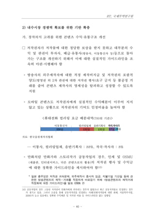 IIT, 국제무역연구원


2) 내수시장 경쟁력 확보를 위한 기반 확충

가. 창작의식 고취를 위한 콘텐츠 수익·유통구조 개선


□ 저작권자가 저작물에 대한 정당한 보상을 받지 못하고 대부분의 수
  익 및 판권이 투자사, 배급·유통사(방송사, 이동통신사 등)등으로 돌아
  가는 구조를 개선하기 위해서 이에 대한 실질적인 가이드라인을 조
  속히 마련·시행해야 함


◦ 방송사의 외주제작자에 대한 적정 제작비지급 및 저작권의 포괄적
   양도(방영권 외 2차 판권에 대한 저작권 행사)요구 금지 등 불공정 거
   래를 줄여 콘텐츠 제작사의 영세성을 탈피하고 성장할 수 있도록
   지원


◦ 모바일 콘텐츠도 저작권자에게 실질적인 수익배분이 이루어 지지
   않고 있는 상황으로 저작권자의 기여도 인정비율을 높여야 함


          <휴대전화 컬러링 요금 배분내역(700원 기준)>

                 이동통신사        컬러링업체 음반기획사 작곡작사가
                                            ,



자료: 한국음원제작자협회


  — 이통사, 컬러링업체, 음반기획사 : 88%, 작곡·작사자 : 8%

◦ 만화처럼 만화가와 스토리작가 공동작업의 경우, 인세 및 OSMU
   (재출판, 인터넷서비스, 다른 콘텐츠로의 활용)의 저작권 행사 및 수익금
   에 대한 정확한 가이드라인을 제시하여야 함16)

   * 일본 총무성은 저작권 귀속문제, 외주제작사 종사자 임금, 지불기일 기산일 등에 관
     련한 방송콘텐츠의 제작·거래를 적정하게 바로잡기 위해 <방송콘텐츠의 제작거래
     적정화에 대한 가이드라인>을 발표 (2009. 2)

16) 공동작업의 경우 그동안 저작권이 만화가에게 귀속되는 경우가 많았으나 최근 공동저작물로 인정받는 경우
   가 생기고 있음. 그러나 소송을 통해 공동저작권을 인정받는 사례(만화저작물에 대한 판례, 서울북부지법,
   2008)가 늘고 있음에도 정확한 수익배분 및 저작권 비율 등 가이드라인은 없는 상황임



                           - 40 -
 