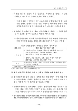 IIT, 국제무역연구원


◦ 기존의 한국관 참가에 따른 일률적인 지원형태를 벗어나 다양한
  이벤트로 전시회 및 견본시 참가에 대한 성과제고

  — 현재 한국관 지원형태는 참가소요비용의 정액(정률)지원 등 일률
    적인 형태로 업체의 비용을 직접 지원하는 방식에서 벗어나 특별
    상영회·특별전시 및 국가리셉션과 같은 네트워킹 이벤트를 확대

◦ 한국관이 구성되어 있지 않은 개별전시회의 참가가 기업차원에서
  는 꼭 필요한 경우가 있으므로 다양한 형태로 지원

  — 전시산업진흥회, 지자체, 농수산물유통공사 등은 활발한 수출지원을
    위해 한국관과 별도로 해외전시회 개별참가지원 사업을 시행 중

          <전시산업진흥회의 해외전문전시회 참가지원>
   지원시기                  매년 상반기와 하반기 2회
             - 기본부스료(Shell Scheme, 기본장치 포함형)의 70% 또는
               임차료(Space only, 기본장치 분리형)의 100%,
   지원 내용       개별기업당 700만원 한도 내에서 지원

             - 중남미, 중동․아프리카, 일본, 인도, 러시아 지역 경우
              개별기업당 1,000만원 한도 내에서 지원
             중복지원을 피하기 위해 한국관이 구성된 전시회(지경부,
     비고
             중기청)는 신청불가
   홈페이지      www.gep.or.kr
자료 : 글로벌전시포탈사이트 (www.gep.or.kr)


5) 통합 지원기구 출범에 따른 시스템 및 지원제도의 효율성 제고

□ 한국콘텐츠진흥원의 출범은 문화콘텐츠 산업전반에 대한 산업육성
  및 수출진흥제도 마련의 계기가 된 것으로 산업간 융합이 강화되고
  있는 시점에 시너지 효과가 클 것으로 기대됨

◦ 문화체육관광부는 문화콘텐츠 산업의 통합지원에 대한 필요성이 높
   아짐에 따라 ‘한국콘텐츠진흥원*’ 설립을 골자로 하는 문화산업진흥
   기본법 개정안을 공표(2009. 2. 6)하고 통합진흥원을 출범함 (2009. 5. 7)

 * 한국콘텐츠진흥원은 한국문화콘텐츠진흥원, (재)한국방송영상산업진흥원, 한국게임산업진
  흥원, (재)문화콘텐츠센터, 한국소프트웨어진흥원 디지털콘텐츠사업단 등이 통합된 조직




                            - 48 -
 