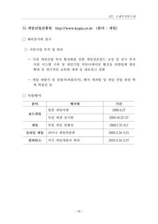 IIT, 국제무역연구원


5) 게임산업진흥원 http://www.kogia.or.kr (분야 : 게임)


□ 해외전시회 참가

○ 지원사업 목적 및 대상

  — 국내 게임산업 투자 활성화를 위한 게임전문펀드 조성 및 상시 투자
    지원 시스템 구축 및 게임기업 커뮤니케이션 활성을 위한업체 방문
    확대 및 정기적인 교류회 개최 등 네트워크 강화


  — 게임 개발사 및 유통사(퍼블리셔), 벤처 캐피탈 및 게임 산업 관련 학
    계 학술인 등


□ 지원행사

    분야               행사명                   기간
           일본 게임마켓                       2008.4.27
  보드게임
           독일 에센 전시회                   2009.10.25~27

    게임     독일 게임 컨벤션                   2009.7.31~8.2

 온라인 게임    라미니 게임박람회                   2009.3.18~3.21

  컨퍼런스     미국 게임개발자 회의                 2010.3.24~3.27




                       - 56 -
 
