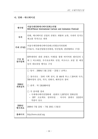 IIT, 국제무역연구원


나. 만화·애니메이션



          서울국제만화애니메이션페스티벌
 행사명
          (SICAF/Seoul International Cartoon and Animation Festival)


          만화, 애니메이션 산업의 콘텐츠 개발과 교류, 국내외 인지도
  목적
          제고를 목적으로 개최


          서울국제만화애니메이션페스티벌조직위원회
주최 (주관)
          (서울시, 서울산업통산진흥원, 민간업계, 관련협회로 구성)


          SPP(캐릭터 관련 콘텐츠 마켓)을 통한 바이어와 셀러간의 1
 구성 및
          대 1 비즈매칭, 우수포로젝트 런칭, 비즈니스 포럼 및 매칭
 참가업체
          등의 네트워킹 행사로 구성


          ○ 일시 : 2008년 5월 21일 ~ 25일 / 코엑스


          ○ 참가규모 : 19개 기획 전시, 총 484개 부스 / 20여개 국가,
          700여명의 감독, 작가, 만화가, 해외인사 참여

 2008년
          ○ 관객 : 약 130,000여명
 개최실적

          ○ 각 분야별 결과
           - 국제애니메이션영화제 : 63개국 1,307편의 영화상영
           - SPP 프로젝트 컴피티션 : 아시아 10개국 132편의
             작품이 응모

 2009년
          2009년 7월 22일 ~ 7월 26일 / 5일간
 행사개요


 홈페이지     http://www.sicaf.org




                                 - 58 -
 