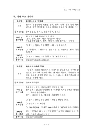 IIT, 국제무역연구원


바. 기타 주요 전시회

 행사명     한(韓)스타일 박람회
         한국의 전통문화의 일환인 한복, 한지, 국악. 한옥 등의 한브
  목적
         랜드를 통한 한국문화 정체성 확립과 산업화 및 세계화 기여

주최 (주관) 문화관광부, 경기도, 산업자원부, 전라도

         한 브랜드 6대 분야에 대한 홍보
 구성 및
         (한식, 한복, 한지, 한글, 한국음악, 한옥)
 참가업체
         주요출품대상(한식, 한복, 한지)와 기타 분야로 나누어짐

         ○ 일시 : 2008년 7월 31일 ~ 8월 4일 / 코엑스
 2008년
 개최실적    ○ 참가규모 : 한스타일 관련기업 및 유관기관 87개 기업
         350부스
 2009년
         ○ 일시 : 2009년 7월 23일 ~ 7월 26일 / 코엑스
 행사개요
 홈페이지    http://www.hanstyleexpo.net


 행사명     한국콘텐츠페어 2008
         ‘당신의 문화를 업그레이드 하라’를 슬로건으로 우수한 콘
         텐츠를 한자리에 선보여 장르 간 벽을 허물고, 시민들이 다
  목적
         양한 문화를 체험할 뿐만 아니라, 우리나라 우수컨텐츠의 지
         명도를 세계에 재고

주최 (주관) 문화체육관광부

         특별행사 : 공연, 이벤트(각종 경진대회 등)
 구성 및    컨퍼런스 : DICON(라이선싱 & 마케팅) 모바일콘텐츠 컨퍼런
 참가업체     스, 문화원형컨퍼런스
         전시 : 캐릭터 타운, CT축제, 문화원형 아트전

         ○ 일시 : 2008년 9월 24일 ~ 30일 / 상암동 DMC
 2008년
         ○ 관람객 : 약 10만명
 개최실적
         ○ 2008 DICON : 39개국 4000여명이 참가(97%의 높은 만족률)

 2009년   일시 : 2009년 9월 4일 ~ 9월 12일 / 상암동 평화의 공원, 누
 행사개요    리꿈 스퀘어 비즈니스 센터
 홈페이지    http://www.iccon.kr/


                             - 62 -
 
