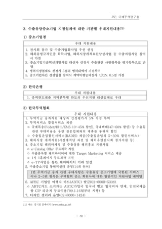 IIT, 국제무역연구원


3. 수출유망중소기업 지정업체에 대한 기관별 우대지원내용21)

1) 중소기업청
                                    우대 지원내용
 1. 전시회 참가 및 수출기업화사업 우선 선정
 2. 해외유명규격인증 획득사업, 해외시장개척요원양성사업 등 수출지원사업 참여
    시 가점
 3. 중소기업기술혁신개발사업 대상자 선정시 수출관련 사항항목을 평가항목으로 반
    영
 4. 병역지정업체로 선정시 5점의 범위내에서 가점부여
 5. 중소기업자간 경쟁입찰 참여시 계약이행능력심사 신인도 0.5점 가점


2) 한국은행
                   우대 지원내용
  1. 총액한도대출 지역본부별 한도의 우선지원 대상업체로 우대


3) 한국무역협회
                                    우대 지원내용
 1. 무역 기 금 융 자지 원 대 상 자 선 정 평 가 시 5% 가 점 부 여
 2. 무역 서 비스 할인 서 비스 제공
  ㅇ 국제특송 (Fedex/DHL/EMS 10~45% 할인 ), 국내택배 (47~60% 할인 ) 등 수출입
     관련 부대비용 을 우 량 전 문 업 체 와 의 제 휴 를 통 하 여 할 인
  ㅇ 수 출입 운 임할 인 서비 스 (RADIS) 제 공 (수 출 입 운 임 의 5~30% 할 인 서 비 스 )
 3. 해외 시 장 개 척지 원 (시 장 개척 단 파 견 및 해 외 유 명 전 시 회 참 가 지 원 등 )
 4. 중소 기 업 해외마케팅 및 수출상품 해외홍보 지원사업
  ㅇ e-Catalog Offer 무료제작 지원
  ㅇ 수출품목별 해외바이어에 대한 Target Marketing 서비스 제공
  ㅇ 1사 1홈페이지 무료제작 지원
  ㅇ e-TP사업을 통한 해외바이어 거래 알선
 5. 수출중소기업 통번역센터 운영 (14개 언어 )
    1번 무역기금 융자 관련 우대사항은 수출유망 중소기업에 국한된 서비스
    이나 2~5번 항목은 무역협회 중소 회원사에 대한 일반적인 지원사업 내역임
 6. APEC 기업인 여행자 카드(ABTC) 발급(02-6000-5338)
  ㅇ ABTC카드 소지자는 ABTC가입국 입국시 별도 입국비자 면제, 인천국제공
    항 CIP 라운지 무료이용(‘09.1.16일부터 시행) 등
 7. 디자인 갤러리 운영(02-6000-1424)

21) 자료: 중기청 홈페이지 (www,smba.go.kr)



                                    - 70 -
 